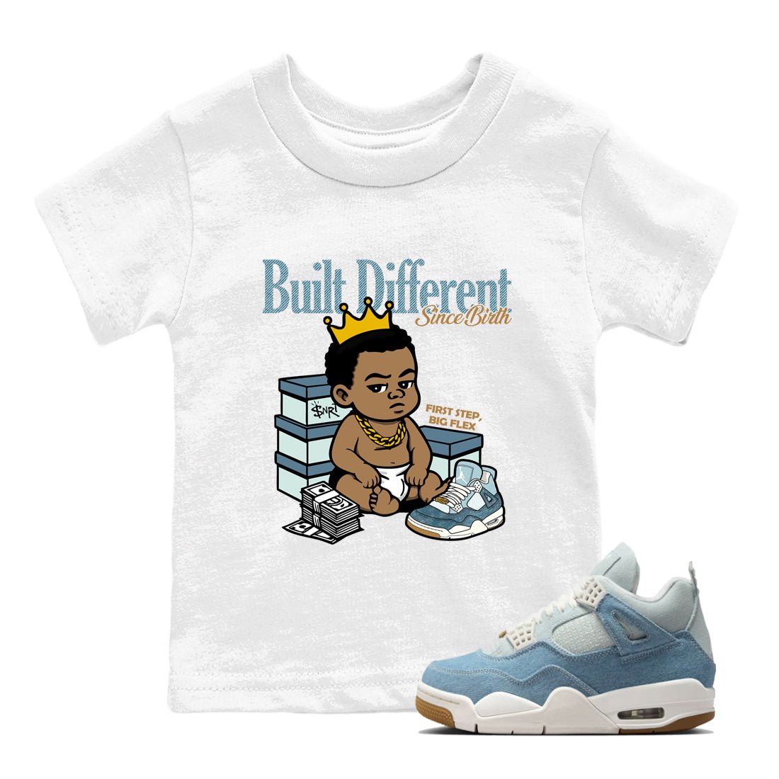 Sneaker match tees – Sneaker Tees To Match 4s Worn Blue Air Jordan 4 Denim Shoes – Built Different Since Birth Kids T-Shirt White 1