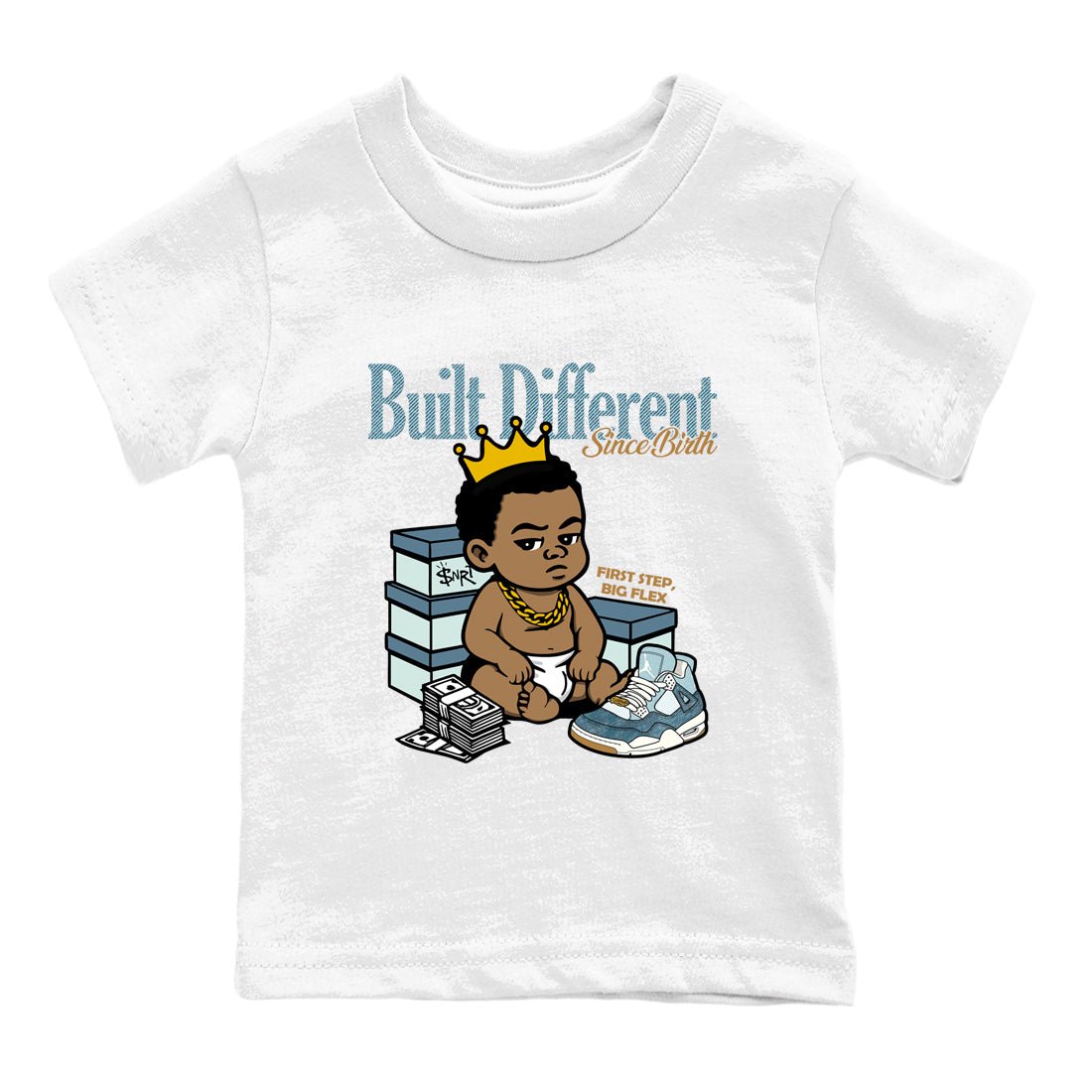 Sneaker match tees – Sneaker Tees To Match 4s Worn Blue Air Jordan 4 Denim Shoes – Built Different Since Birth Kids T-Shirt White 2