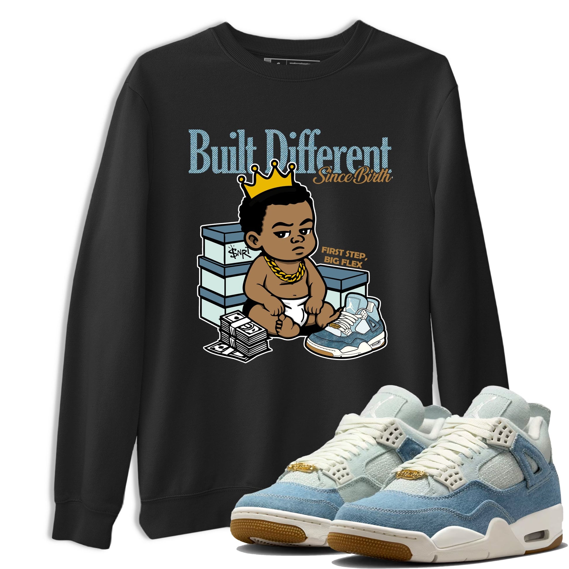 Sneaker match tees – Sneaker Tees To Match 4s Worn Blue Air Jordan 4 Denim Shoes – Built Different Since Birth Tee Black 1