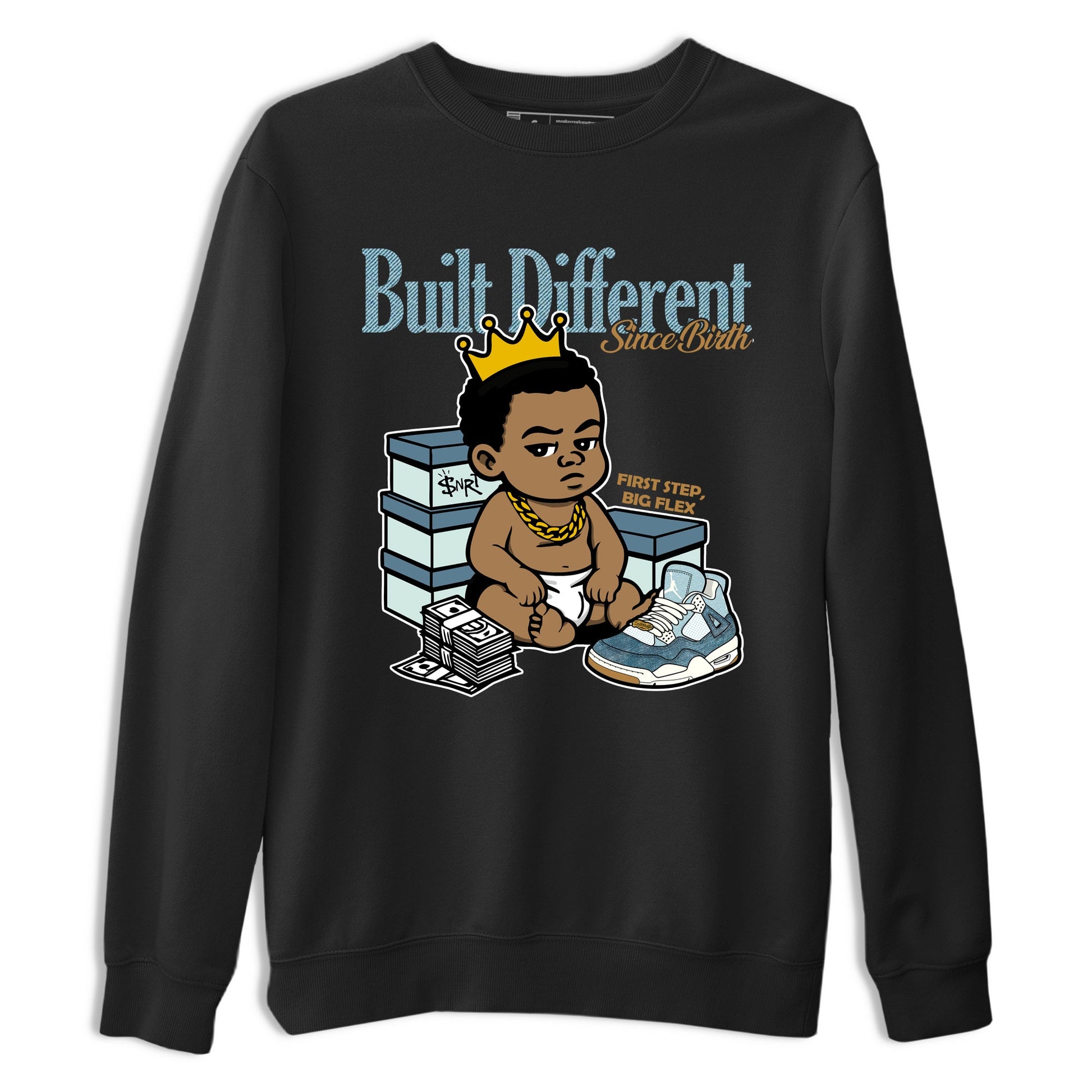 Sneaker match tees – Sneaker Tees To Match 4s Worn Blue Air Jordan 4 Denim Shoes – Built Different Since Birth Tee Black 2