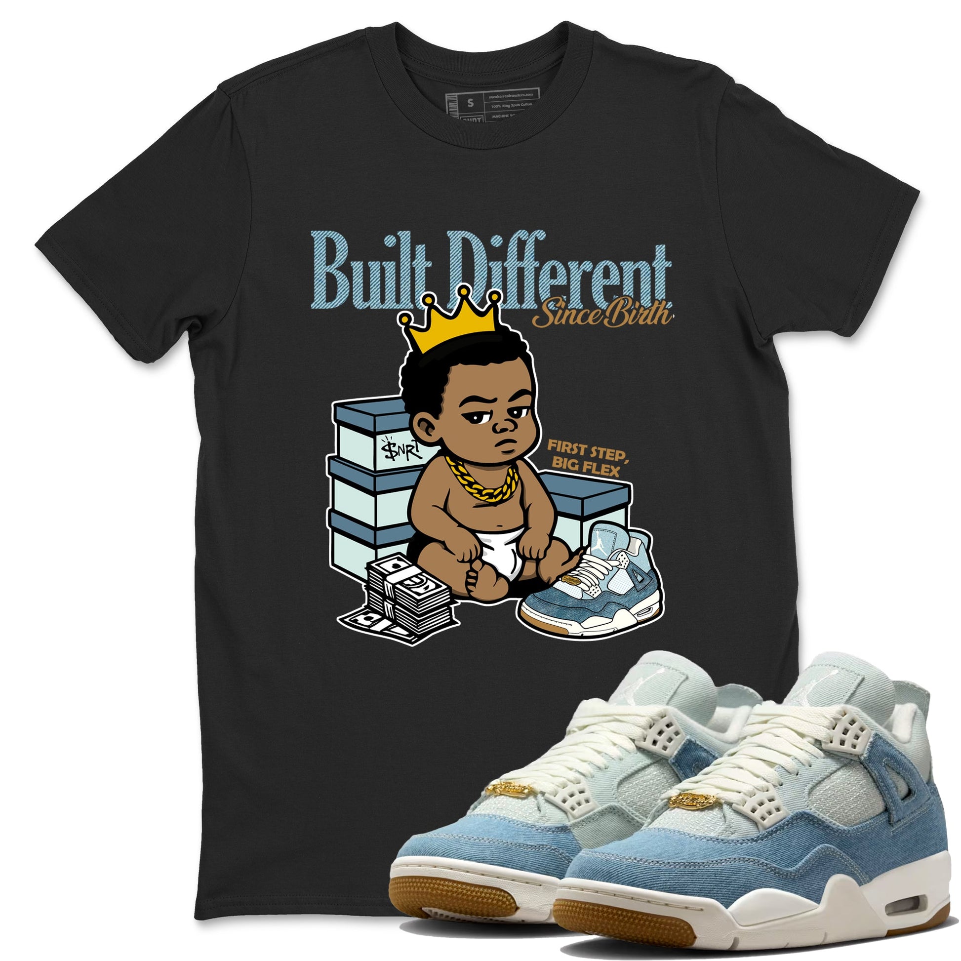Sneaker match tees – Sneaker Tees To Match 4s Worn Blue Air Jordan 4 Denim Shoes – Built Different Since Birth Tee Black 1