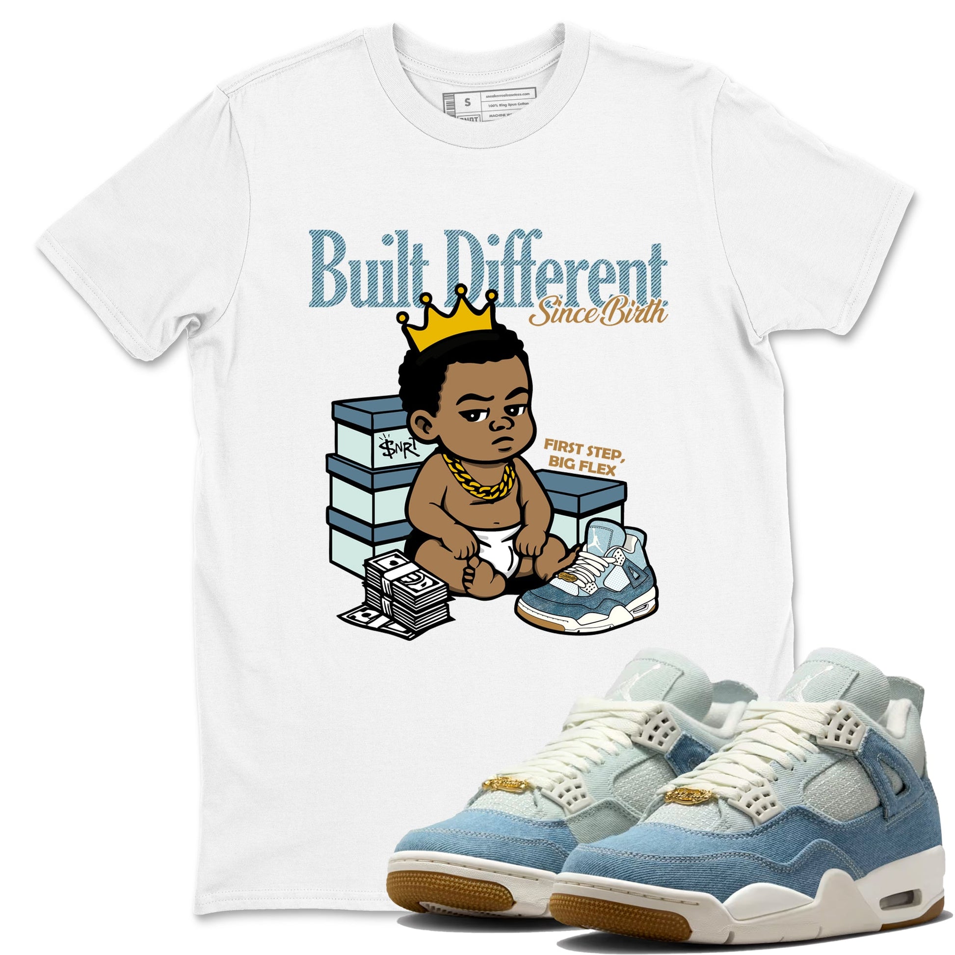 Sneaker match tees – Sneaker Tees To Match 4s Worn Blue Air Jordan 4 Denim Shoes – Built Different Since Birth Tee White 1