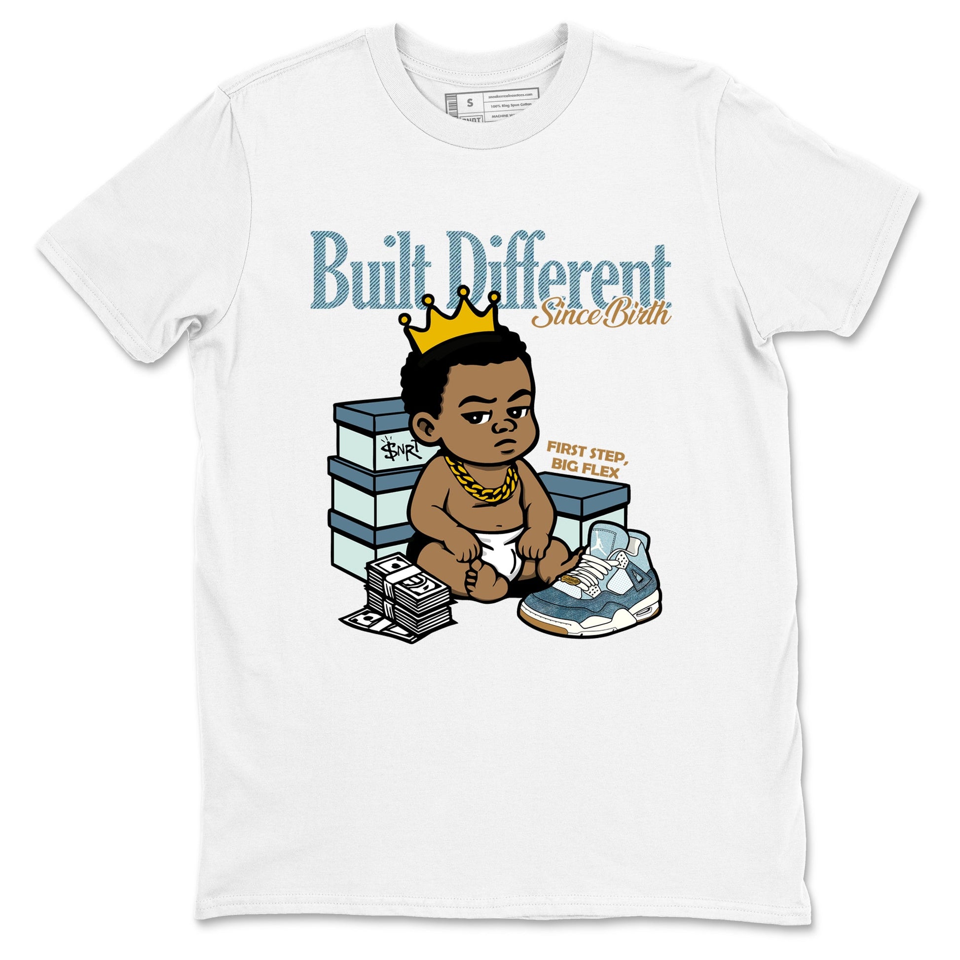 Sneaker match tees – Sneaker Tees To Match 4s Worn Blue Air Jordan 4 Denim Shoes – Built Different Since Birth Tee White 2