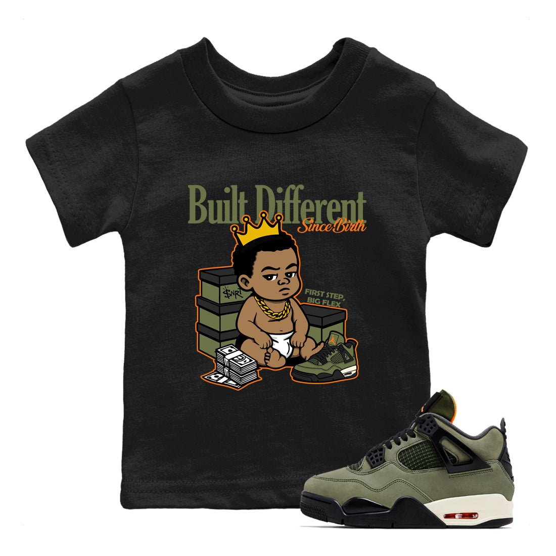 Sneaker match tees – Sneaker Tees To Match Undefeated inspired colorways Air Jordan 4 OG Olive Shoes – Built Different Since Birth Kids T-Shirt Black 1