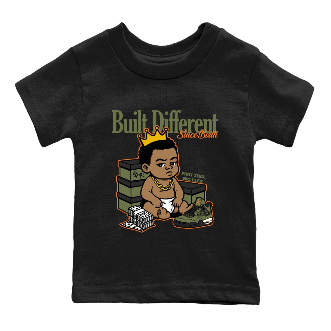 Sneaker match tees – Sneaker Tees To Match Undefeated inspired colorways Air Jordan 4 OG Olive Shoes – Built Different Since Birth Kids T-Shirt Black 2