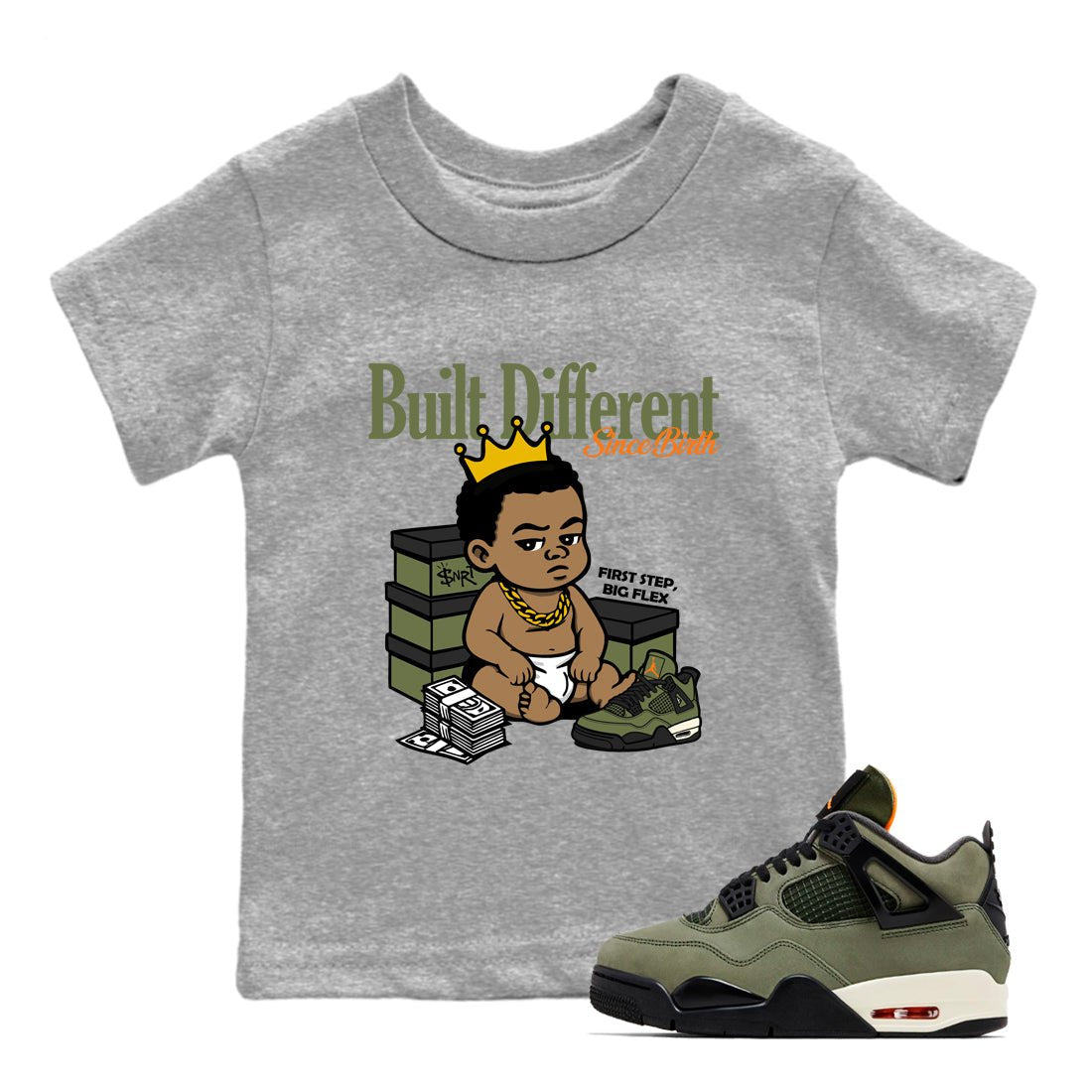 Sneaker match tees – Sneaker Tees To Match Undefeated inspired colorways Air Jordan 4 OG Olive Shoes – Built Different Since Birth Kids T-Shirt Heather Grey 1