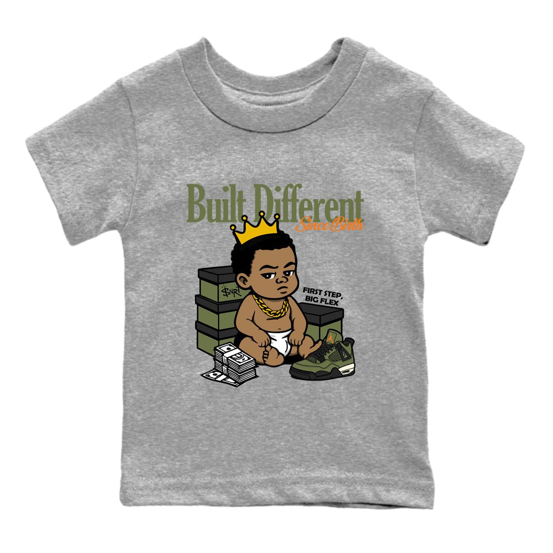 Sneaker match tees – Sneaker Tees To Match Undefeated inspired colorways Air Jordan 4 OG Olive Shoes – Built Different Since Birth Kids T-Shirt Heather Grey 2