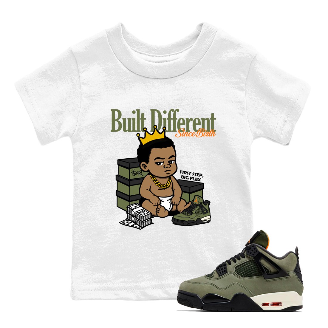 Sneaker match tees – Sneaker Tees To Match Undefeated inspired colorways Air Jordan 4 OG Olive Shoes – Built Different Since Birth Kids T-Shirt White 1