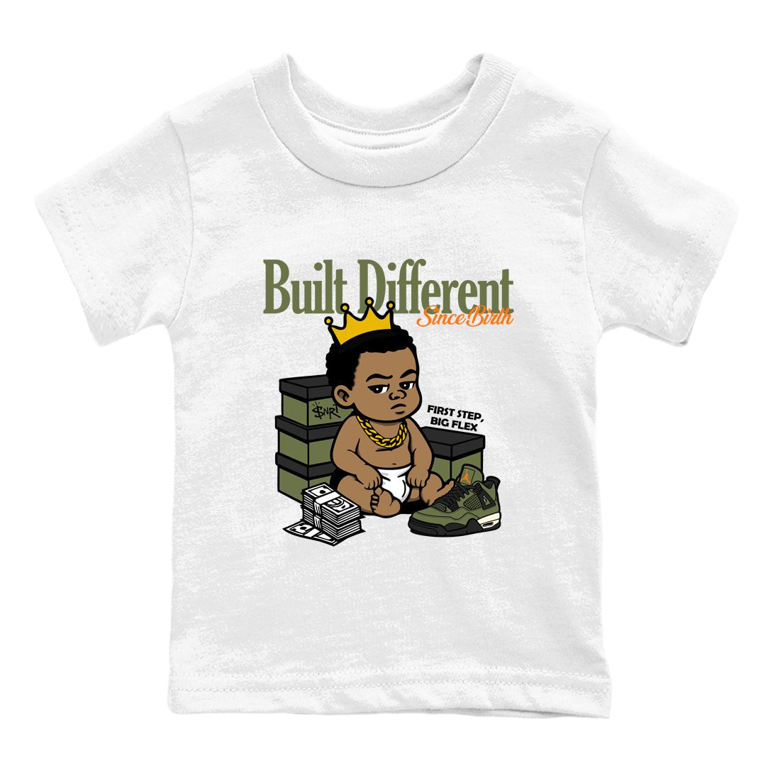 Sneaker match tees – Sneaker Tees To Match Undefeated inspired colorways Air Jordan 4 OG Olive Shoes – Built Different Since Birth Kids T-Shirt White 2
