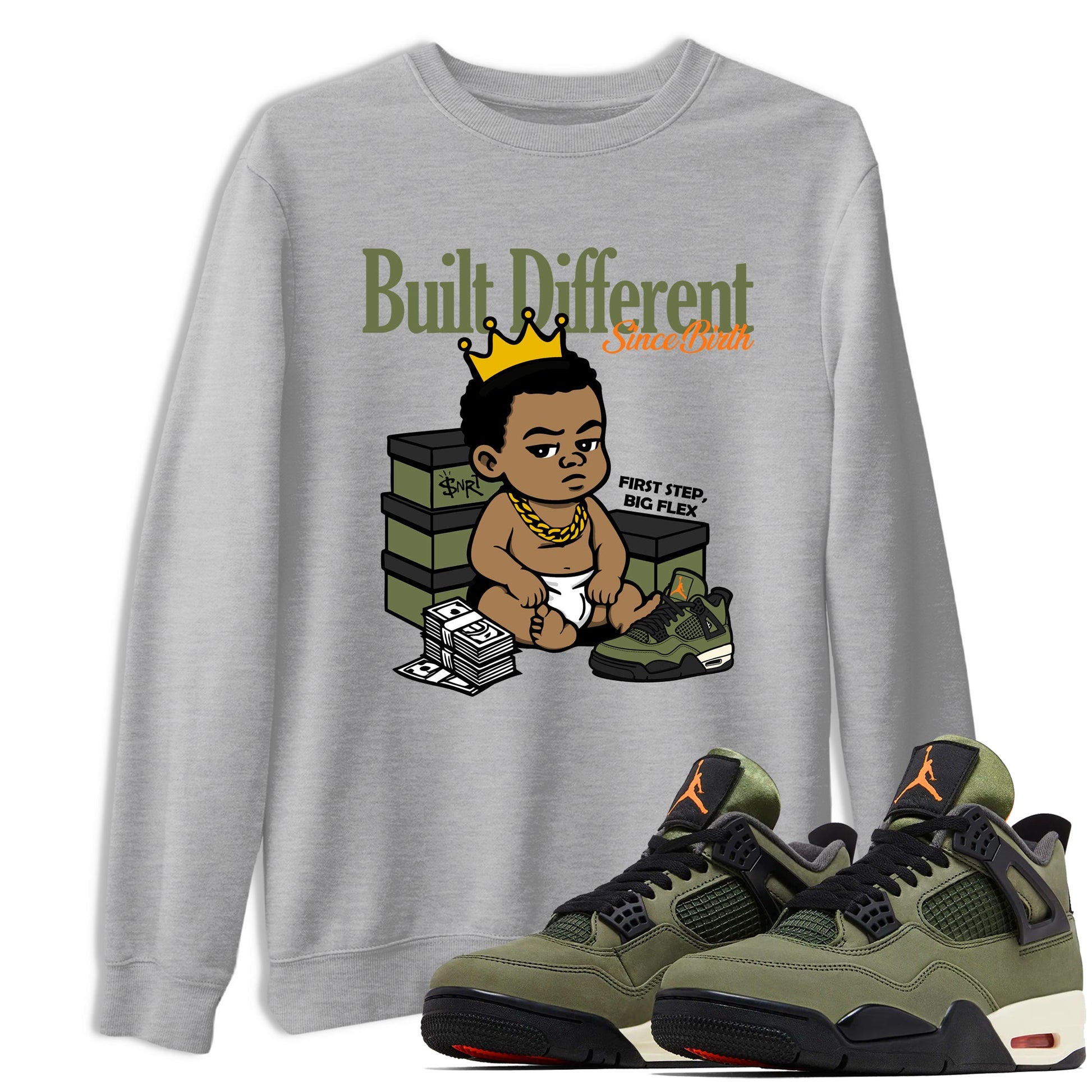 Sneaker match tees – Sneaker Tees To Match Undefeated inspired colorways Air Jordan 4 OG Olive Shoes – Built Different Since Birth Tee Heather Grey 1