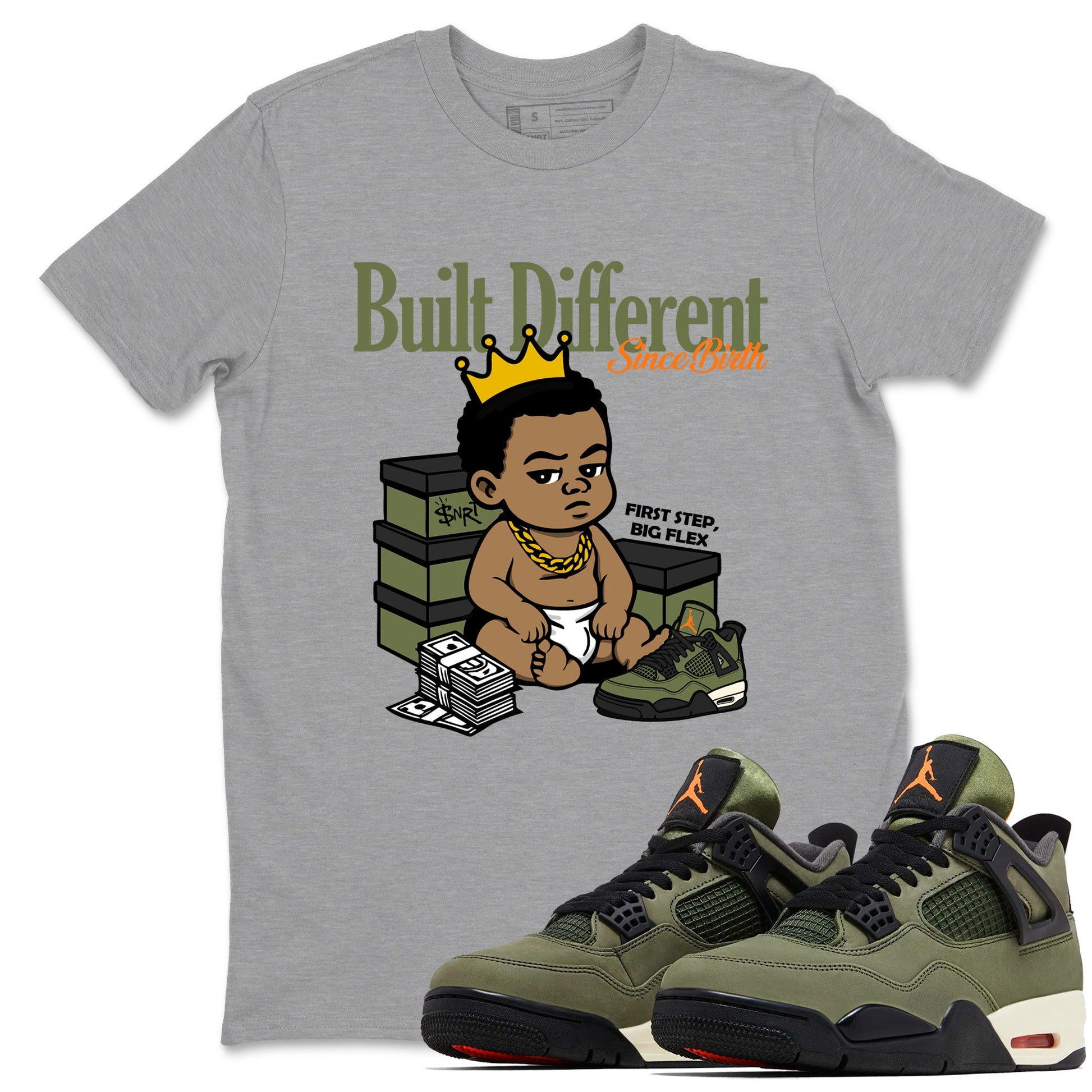 Sneaker match tees – Sneaker Tees To Match Undefeated inspired colorways Air Jordan 4 OG Olive Shoes – Built Different Since Birth Tee Heather Grey 1