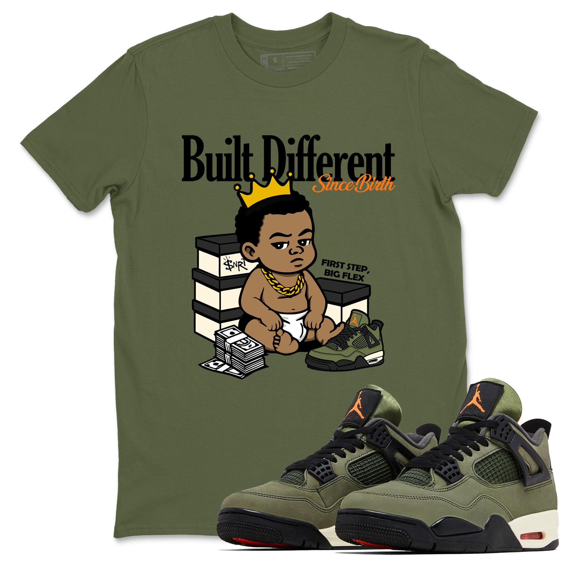 Sneaker match tees – Sneaker Tees To Match Undefeated inspired colorways Air Jordan 4 OG Olive Shoes – Built Different Since Birth Tee Military Green 1