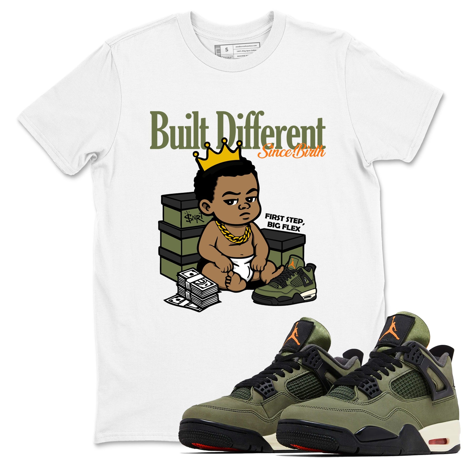 Sneaker match tees – Sneaker Tees To Match Undefeated inspired colorways Air Jordan 4 OG Olive Shoes – Built Different Since Birth Tee White 1