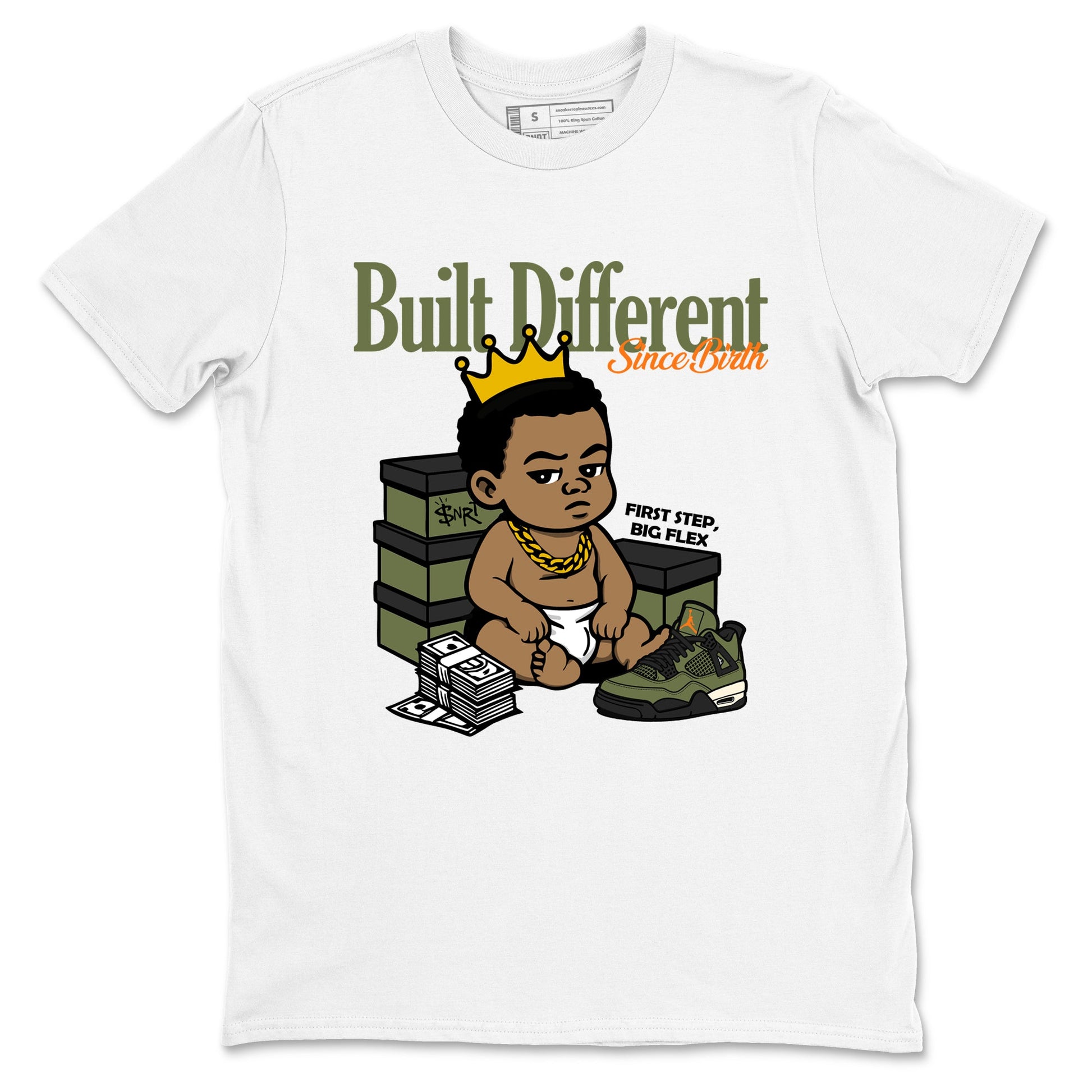 Sneaker match tees – Sneaker Tees To Match Undefeated inspired colorways Air Jordan 4 OG Olive Shoes – Built Different Since Birth Tee White 2