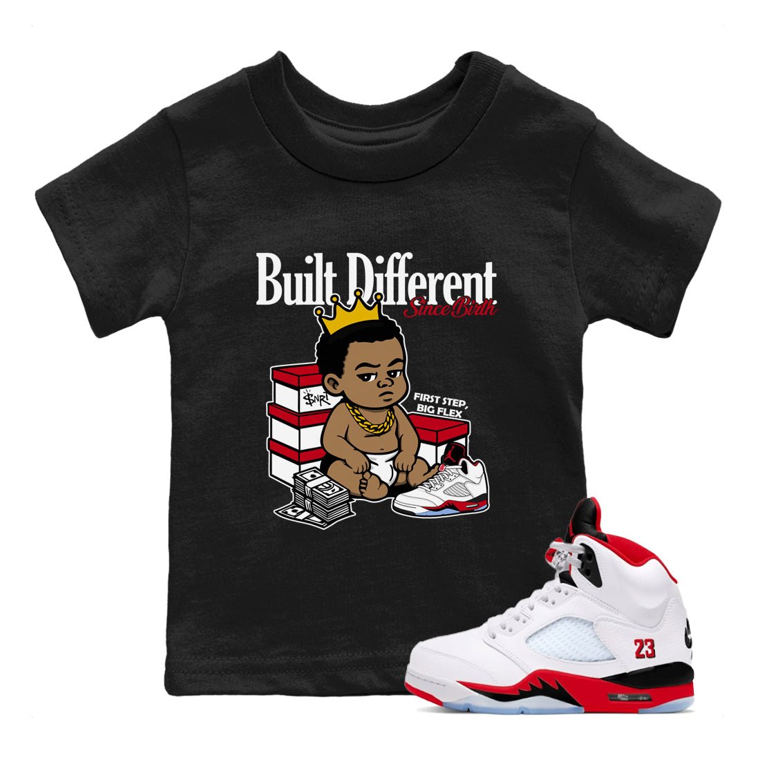 Sneaker match tees – Sneaker Tees To Match Air Jordan 5 Fire Red Shoes – Built Different Since Birth Kids T-Shirt Black 1