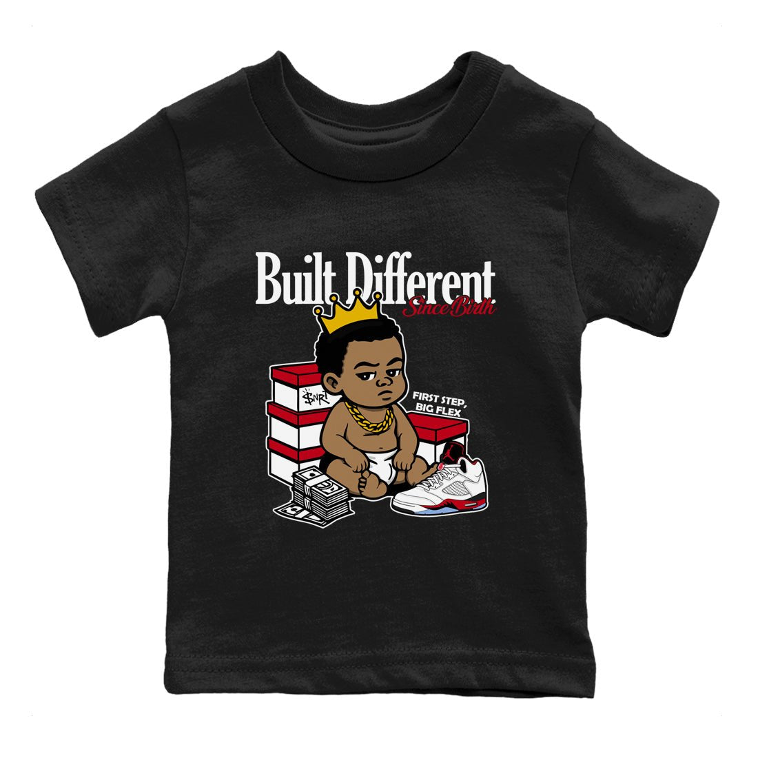 Sneaker match tees – Sneaker Tees To Match Air Jordan 5 Fire Red Shoes – Built Different Since Birth Kids T-Shirt Black 2