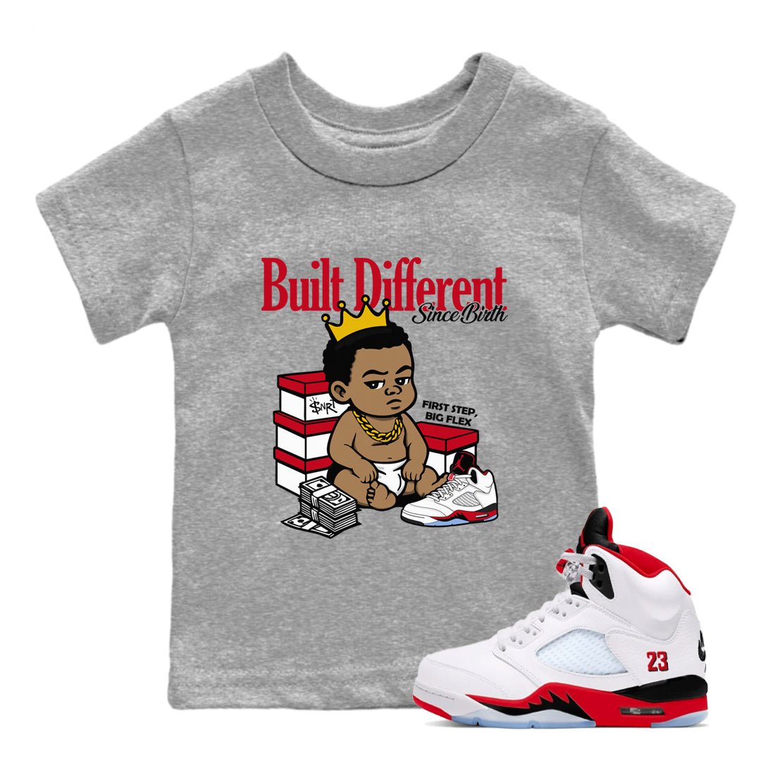 Sneaker match tees – Sneaker Tees To Match Air Jordan 5 Fire Red Shoes – Built Different Since Birth Kids T-Shirt Heather Grey 1