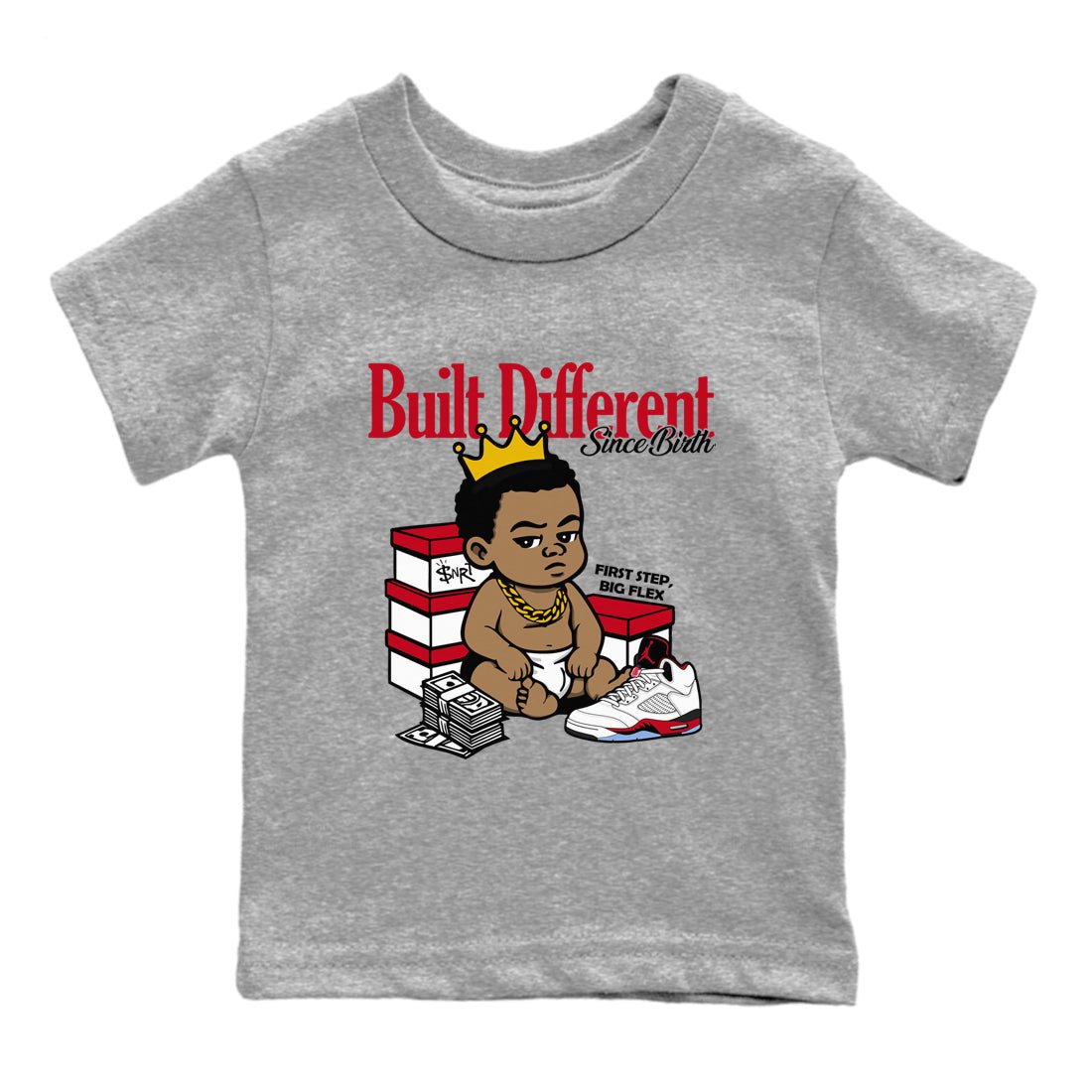 Sneaker match tees – Sneaker Tees To Match Air Jordan 5 Fire Red Shoes – Built Different Since Birth Kids T-Shirt Heather Grey 2