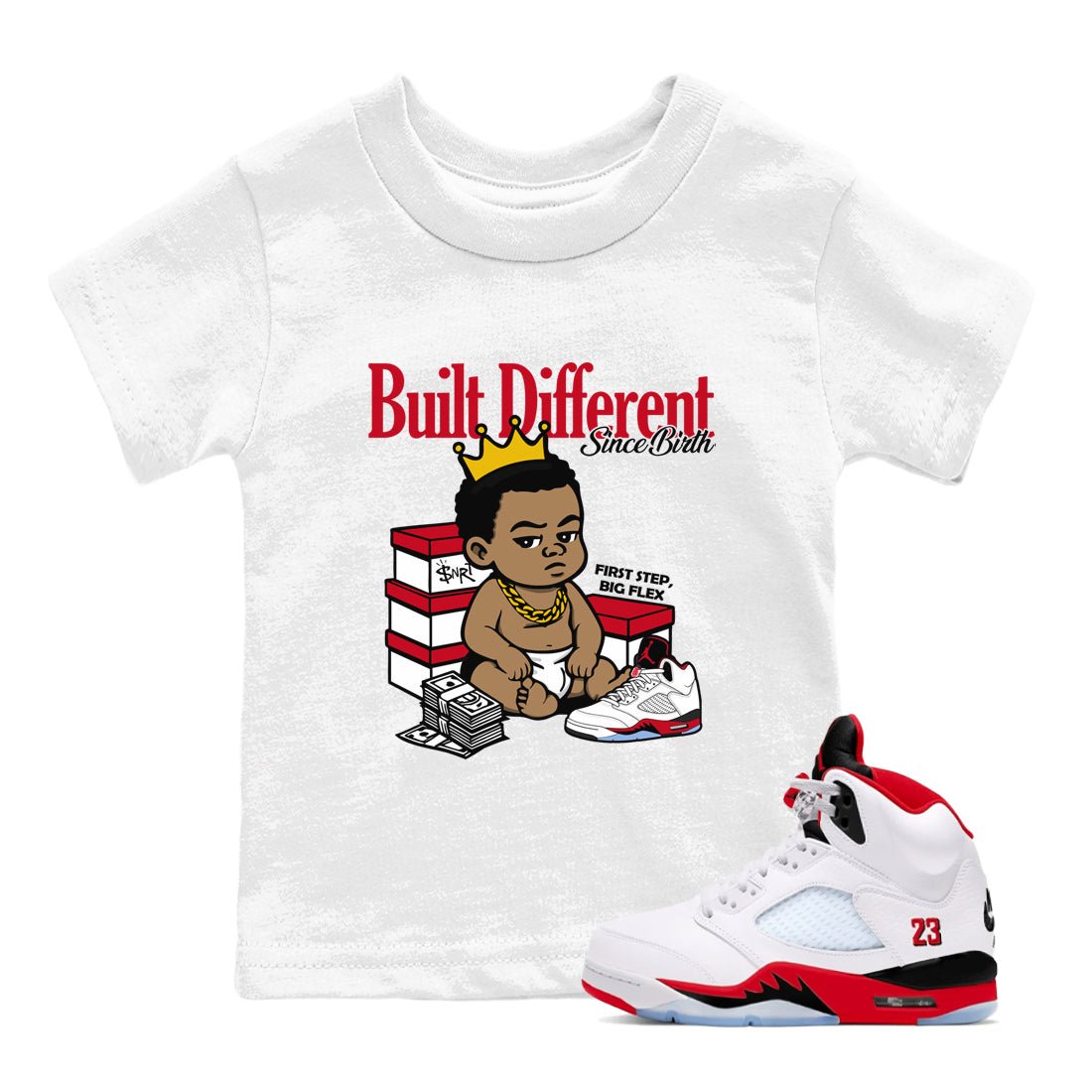 Sneaker match tees – Sneaker Tees To Match Air Jordan 5 Fire Red Shoes – Built Different Since Birth Kids T-Shirt White 1