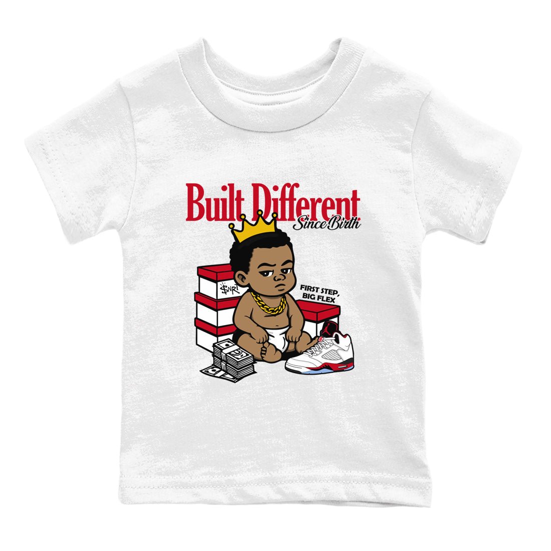 Sneaker match tees – Sneaker Tees To Match Air Jordan 5 Fire Red Shoes – Built Different Since Birth Kids T-Shirt White 2