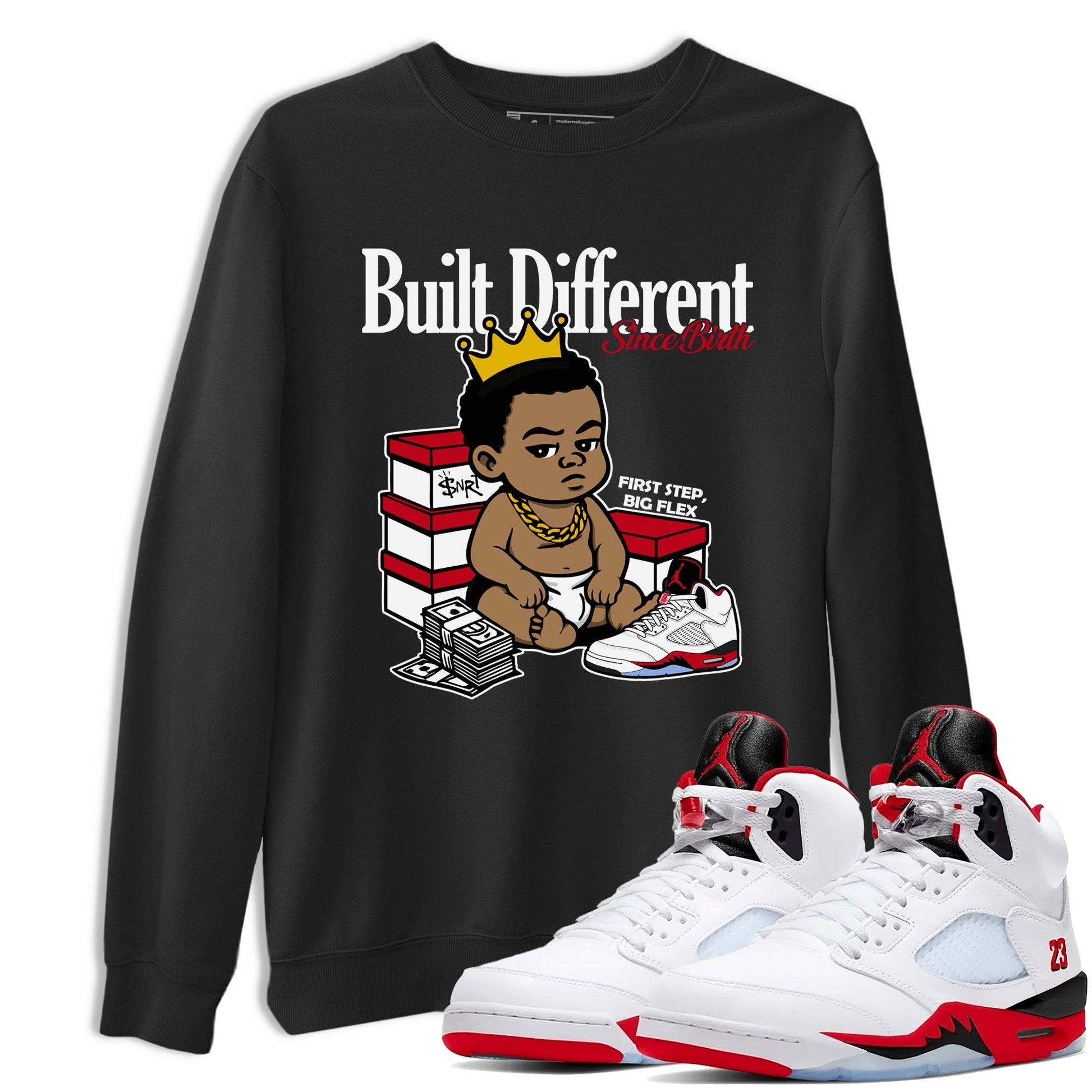 Sneaker match tees – Sneaker Tees To Match Air Jordan 5 Fire Red Shoes – Built Different Since Birth Tee Black 1
