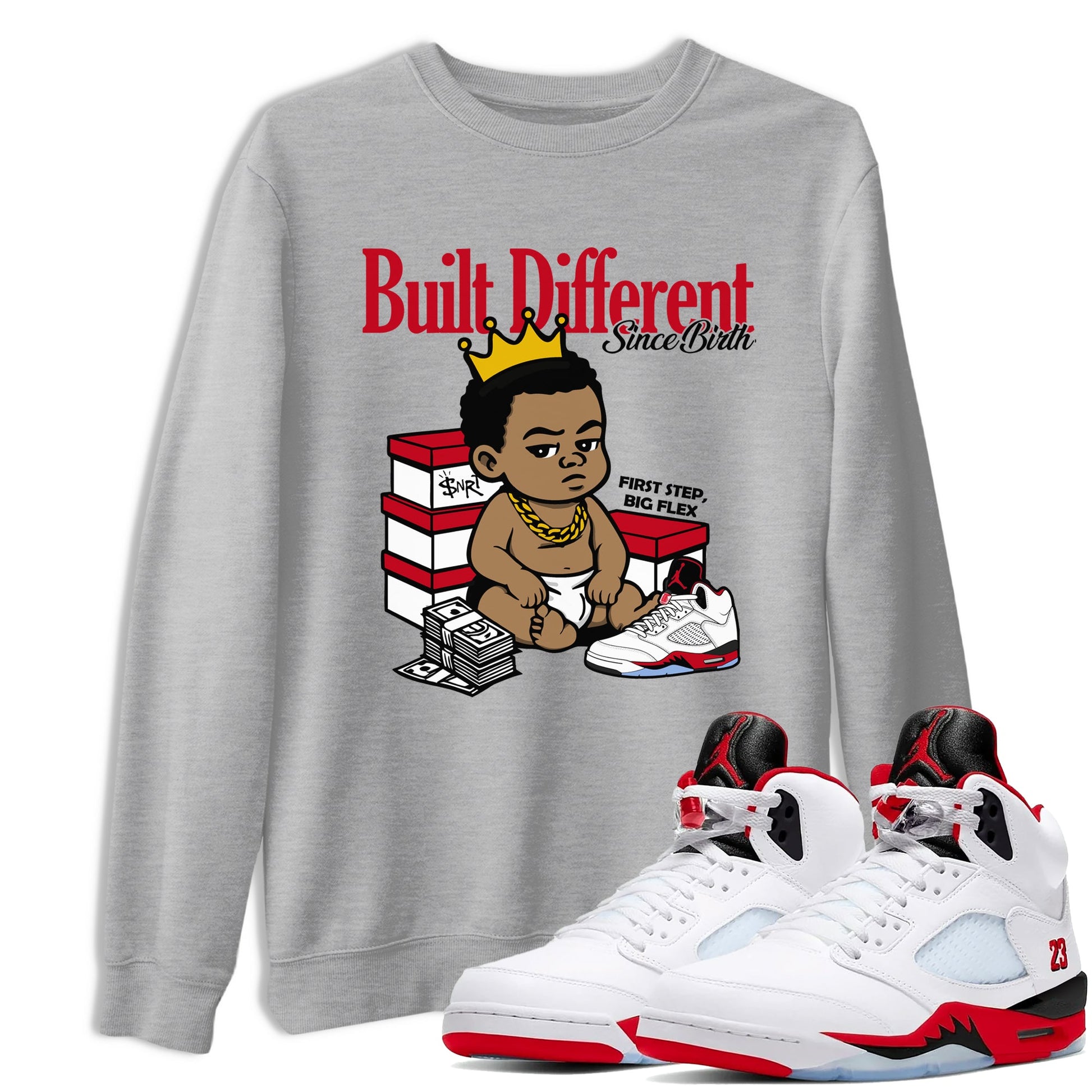 Sneaker match tees – Sneaker Tees To Match Air Jordan 5 Fire Red Shoes – Built Different Since Birth Tee Heather Grey 1