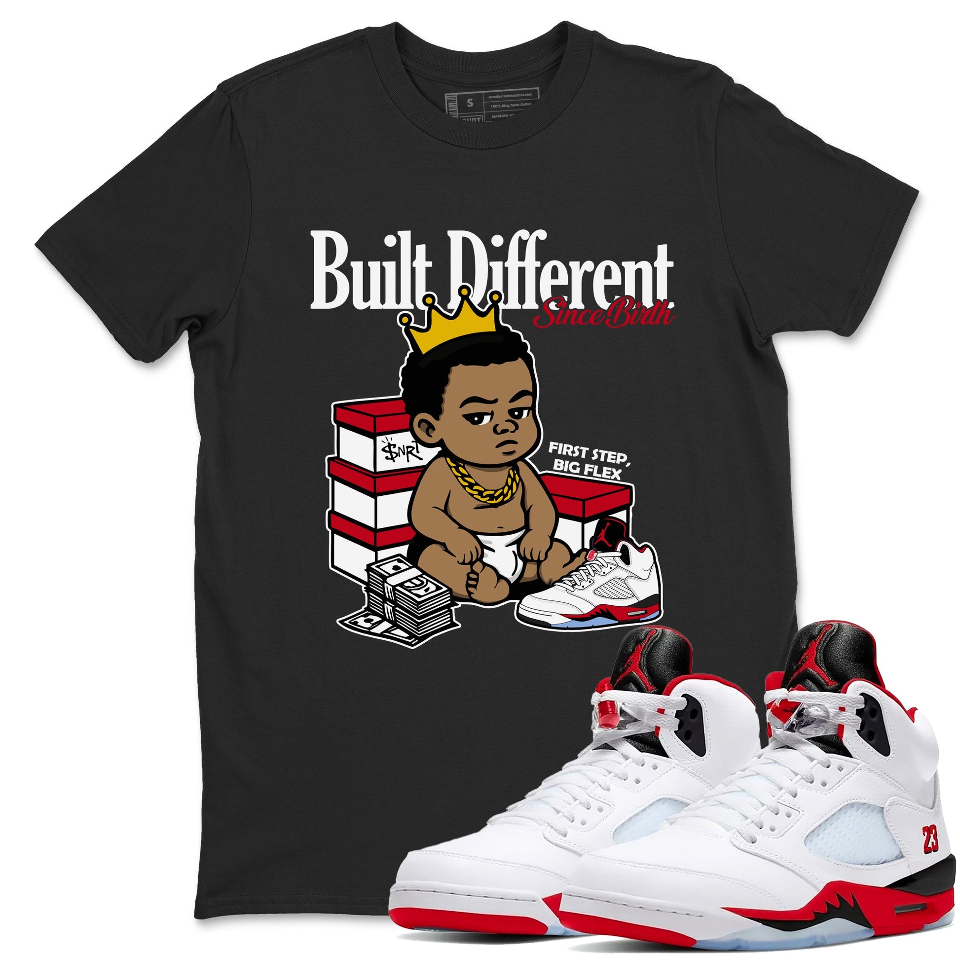 Sneaker match tees – Sneaker Tees To Match Air Jordan 5 Fire Red Shoes – Built Different Since Birth Tee Black 1