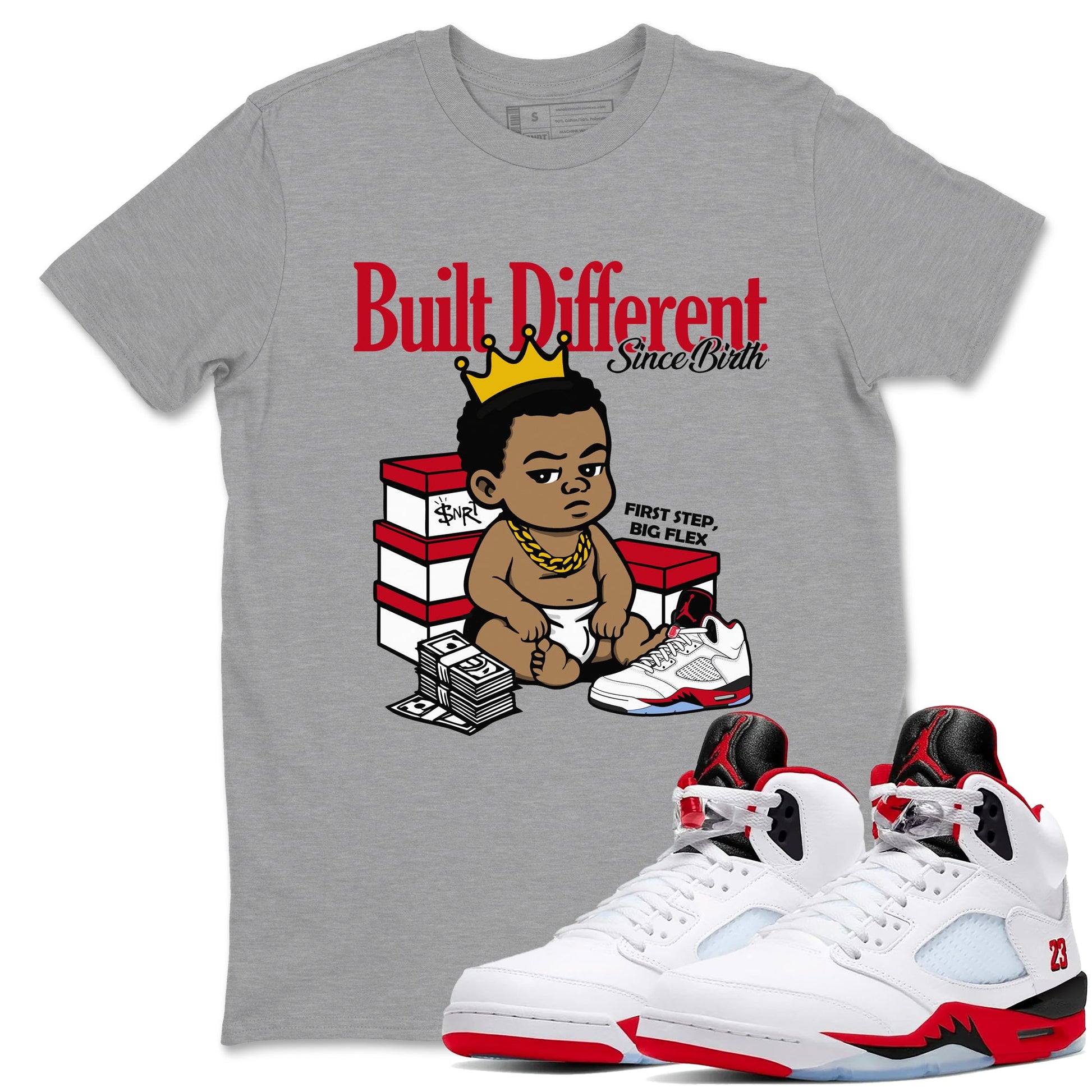 Sneaker match tees – Sneaker Tees To Match Air Jordan 5 Fire Red Shoes – Built Different Since Birth Tee Heather Grey 1