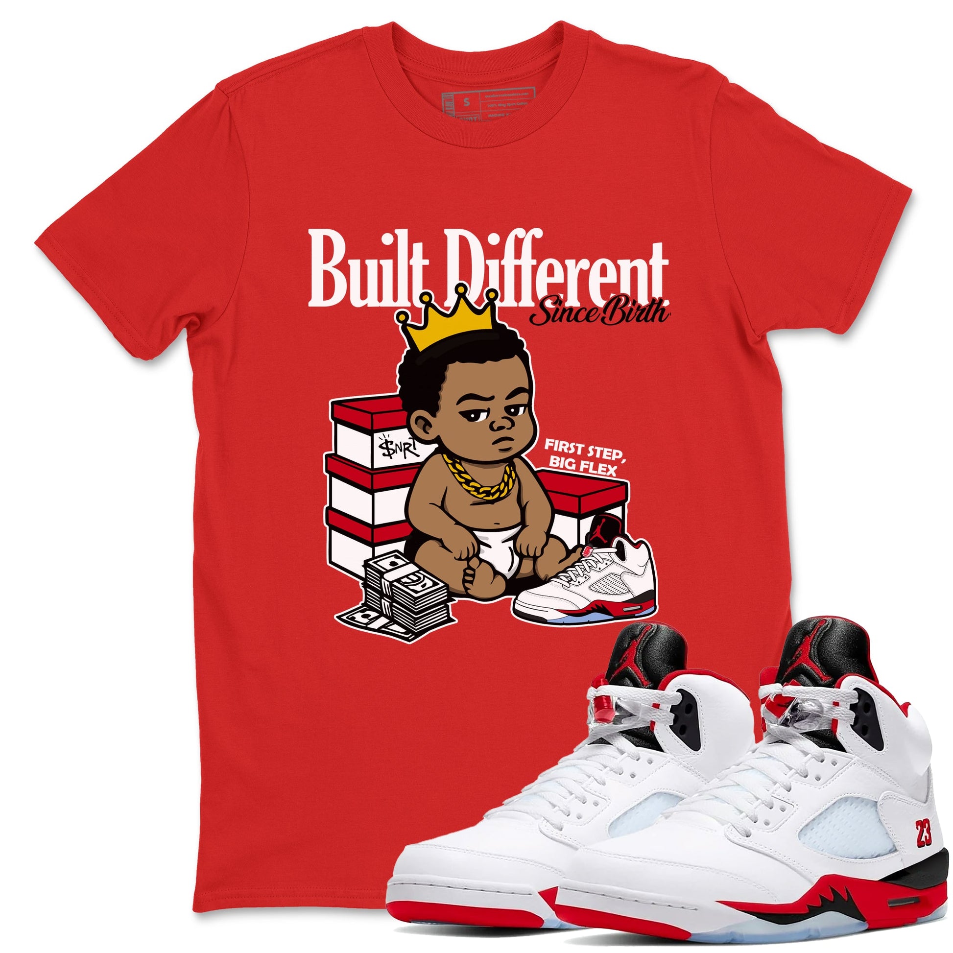 Sneaker match tees – Sneaker Tees To Match Air Jordan 5 Fire Red Shoes – Built Different Since Birth Tee Red 1