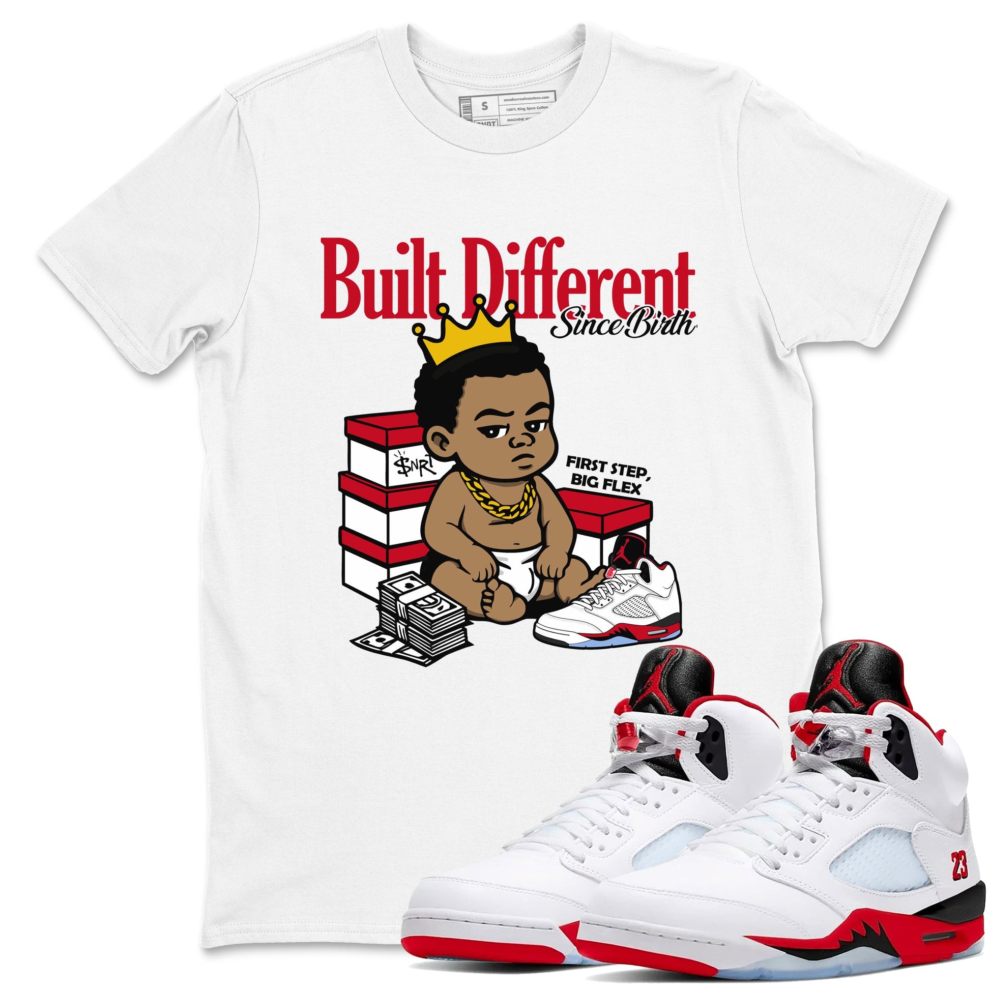 Sneaker match tees – Sneaker Tees To Match Air Jordan 5 Fire Red Shoes – Built Different Since Birth Tee White 1