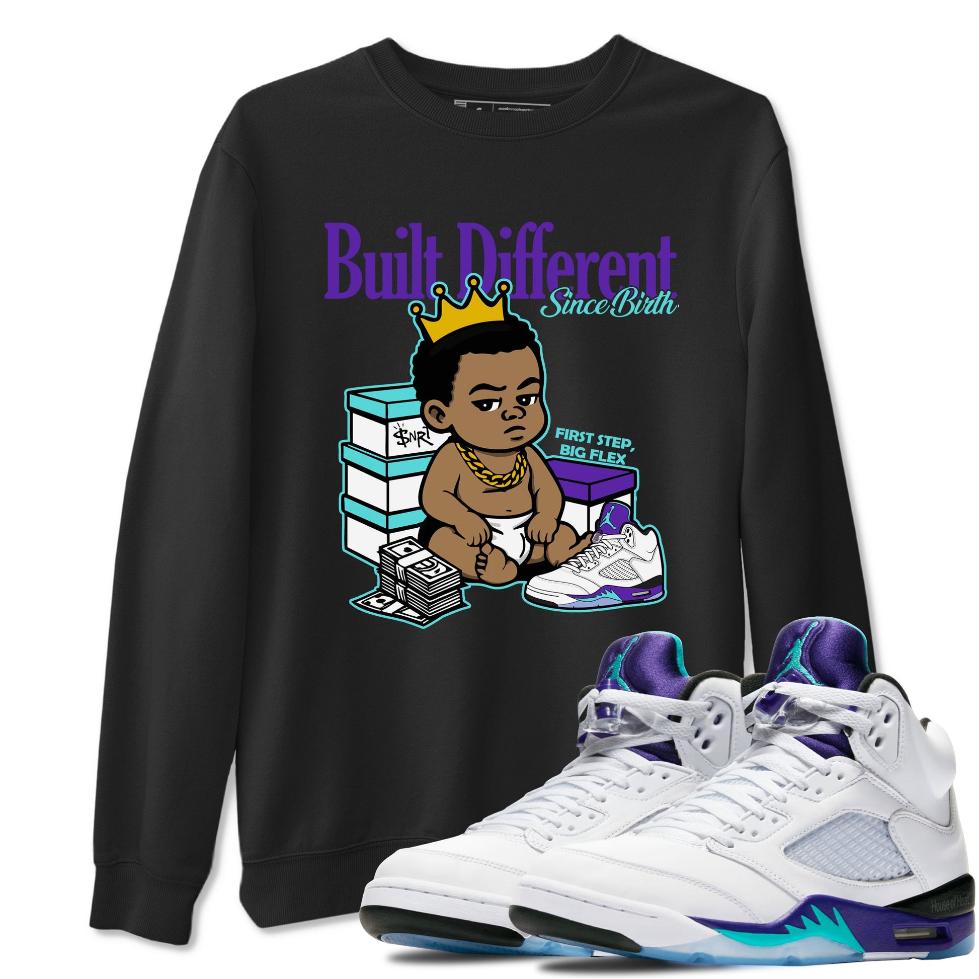 Built Different Since Birth sneaker match t-shirt styled to complete your fit with the Air Jordan 5 Grape sneakers, shown in Black 1.