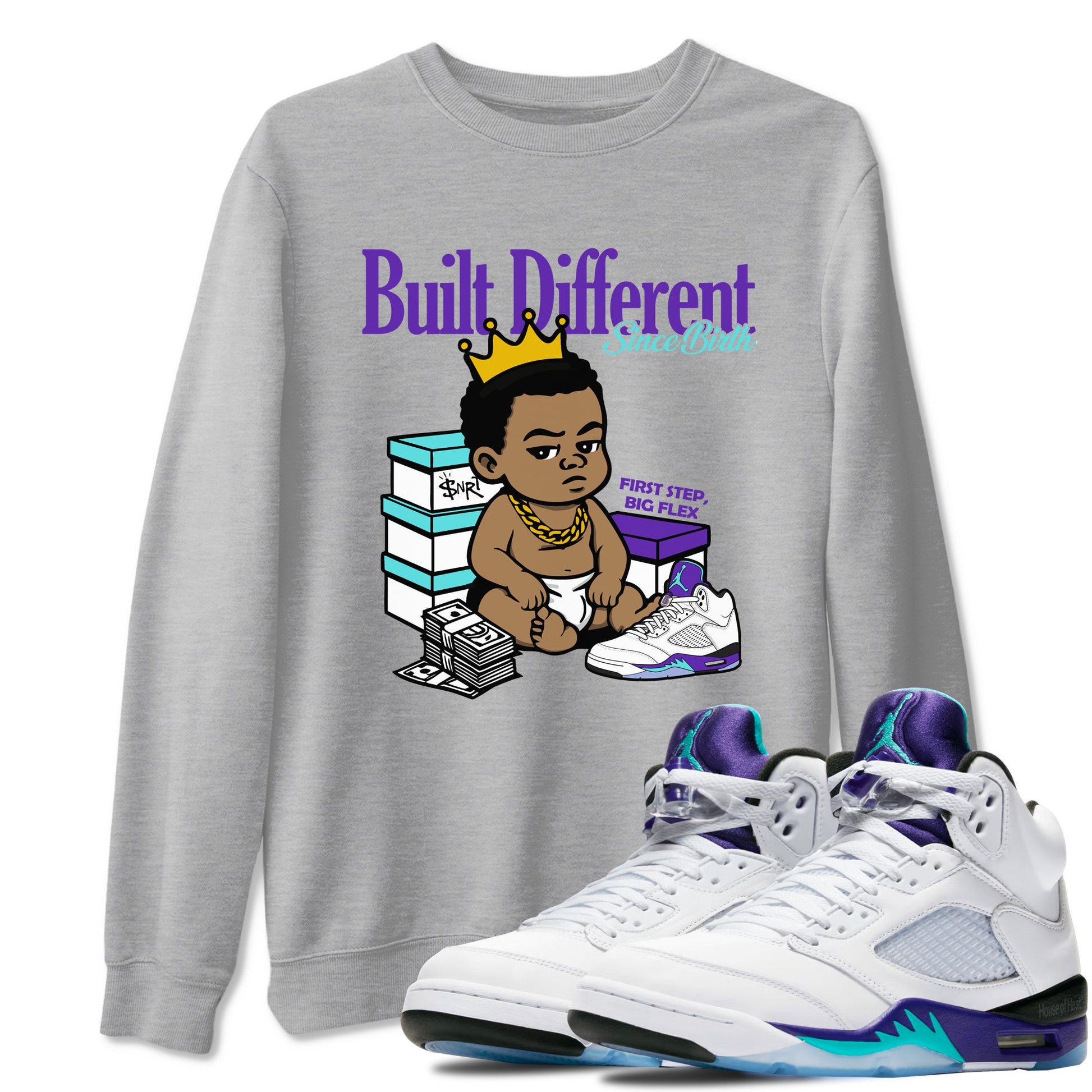 Built Different Since Birth sneaker match t-shirt styled to complete your fit with the Air Jordan 5 Grape sneakers, shown in Heather Grey 1.