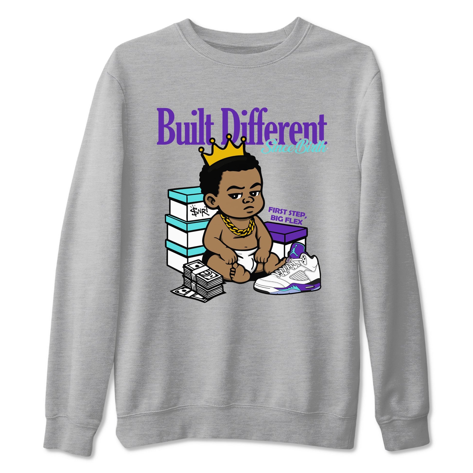 Built Different Since Birth sneaker match t-shirt styled to complete your fit with the Air Jordan 5 Grape sneakers, shown in Heather Grey 2.