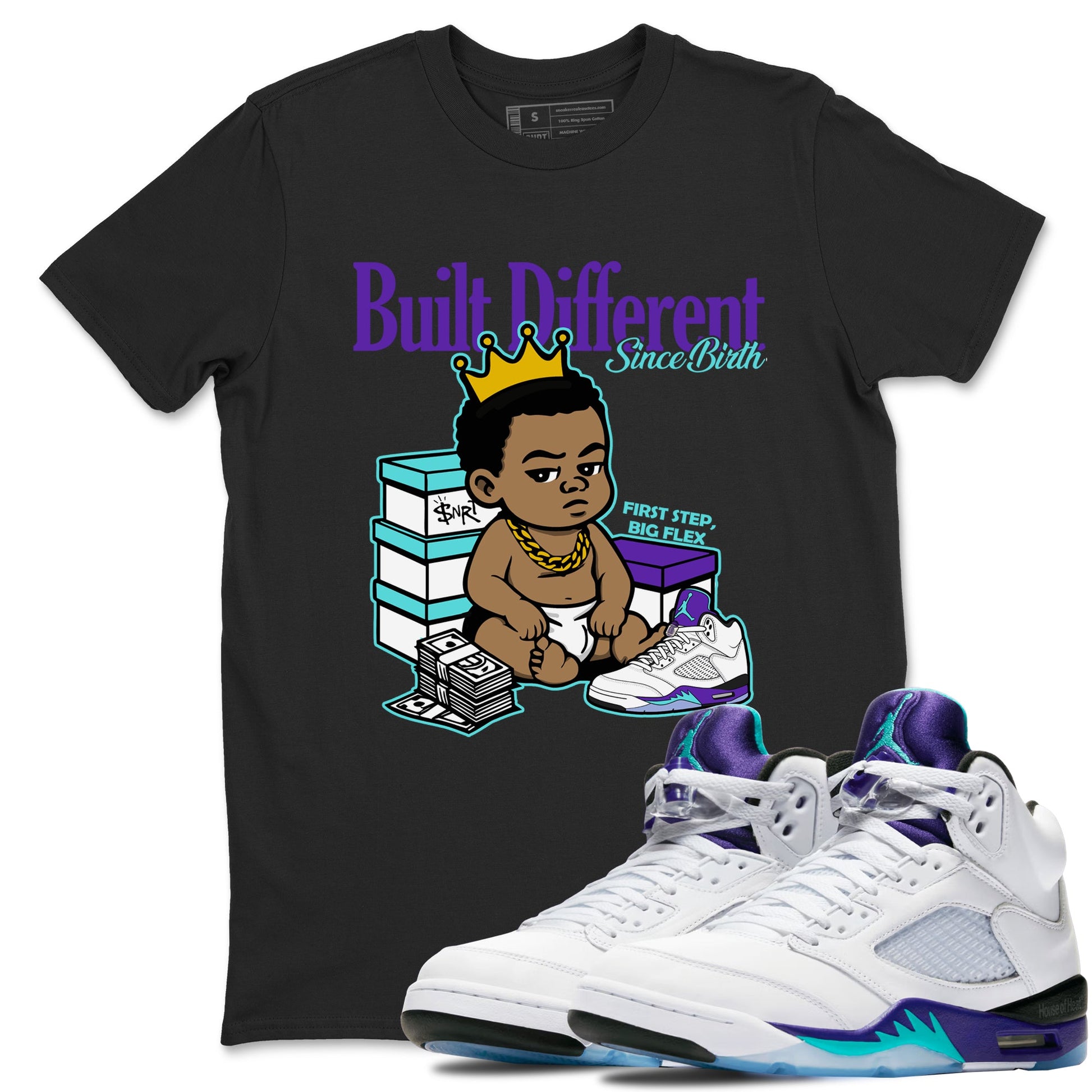 Built Different Since Birth sneaker match t-shirt styled to complete your fit with the Air Jordan 5 Grape sneakers, shown in Black 1.