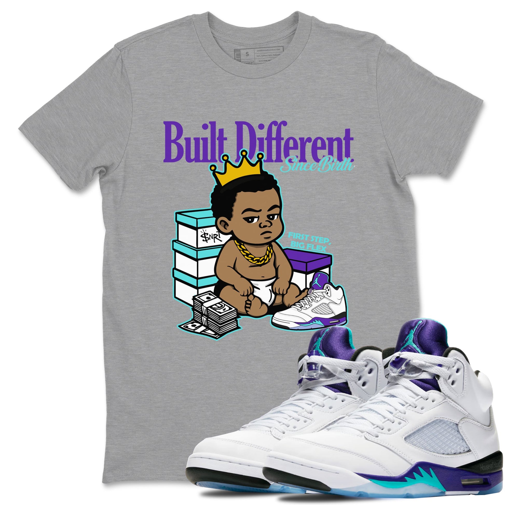 Built Different Since Birth sneaker match t-shirt styled to complete your fit with the Air Jordan 5 Grape sneakers, shown in Heather Grey 1.