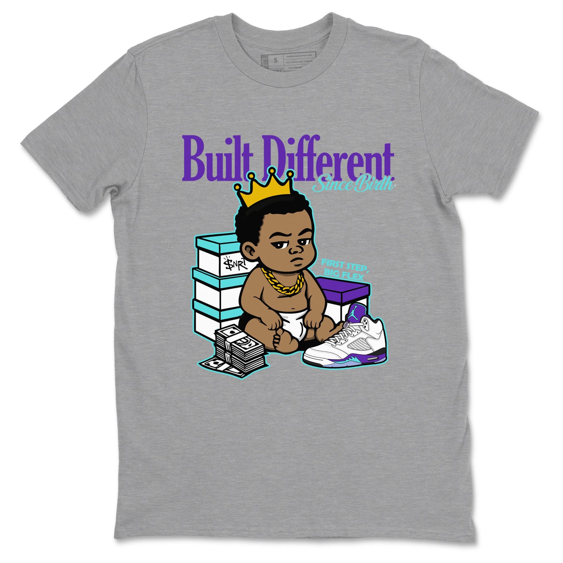 Built Different Since Birth sneaker match t-shirt styled to complete your fit with the Air Jordan 5 Grape sneakers, shown in Heather Grey 2.