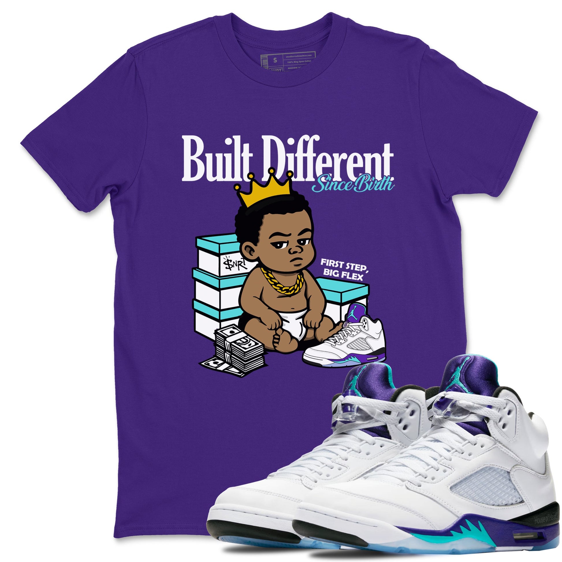Built Different Since Birth sneaker match t-shirt styled to complete your fit with the Air Jordan 5 Grape sneakers, shown in Purple 1.