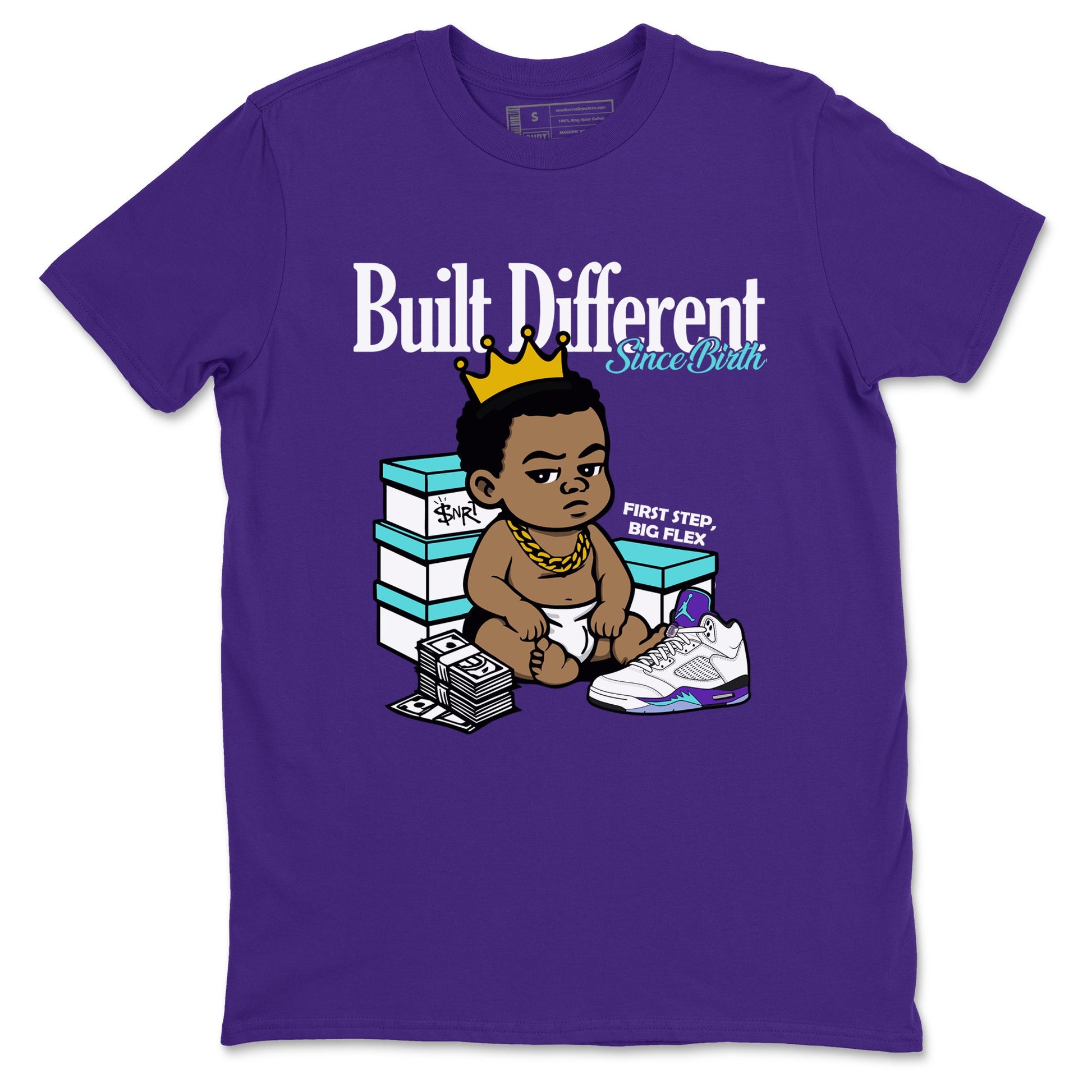 Built Different Since Birth sneaker match t-shirt styled to complete your fit with the Air Jordan 5 Grape sneakers, shown in Purple 2.