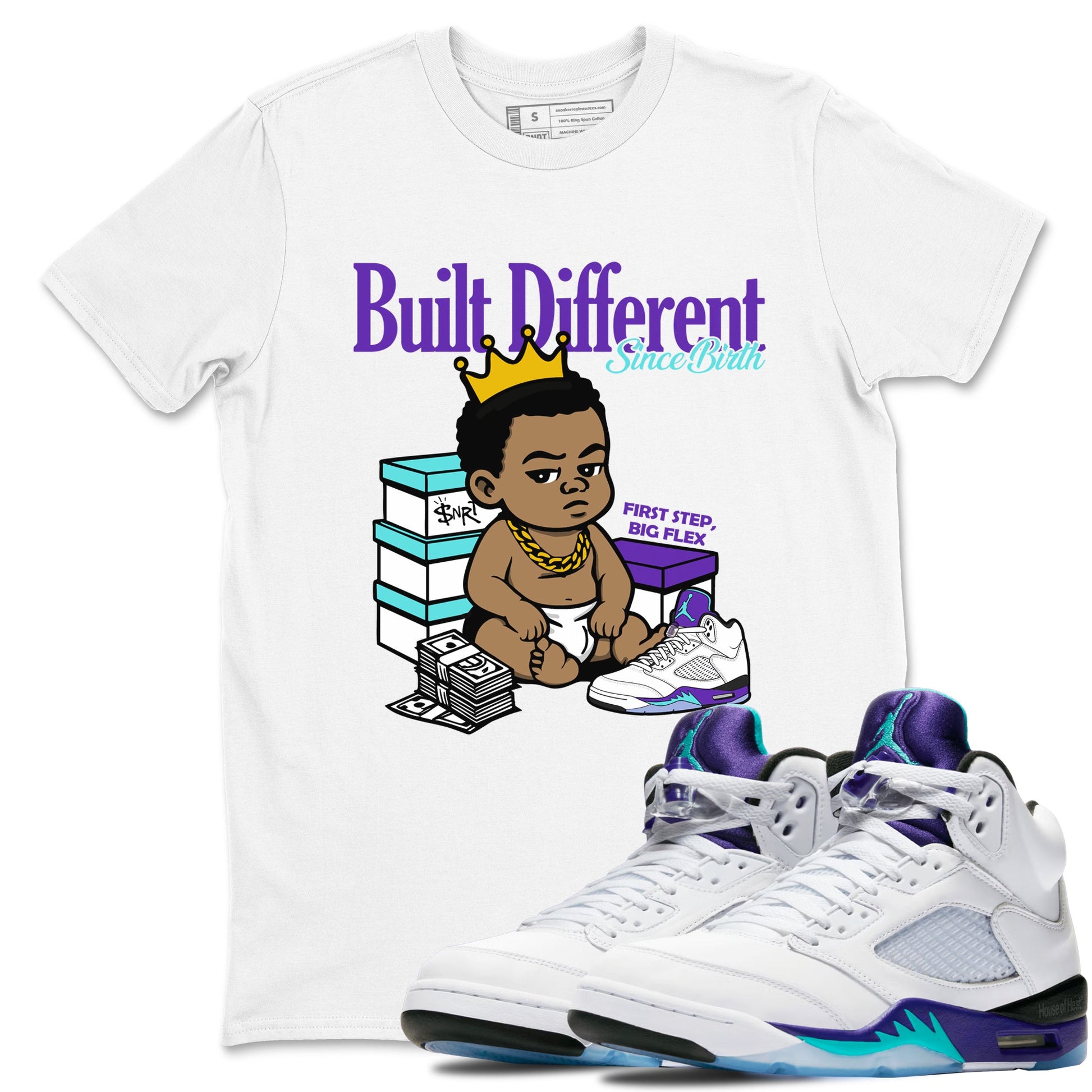 Built Different Since Birth sneaker match t-shirt styled to complete your fit with the Air Jordan 5 Grape sneakers, shown in White 1.