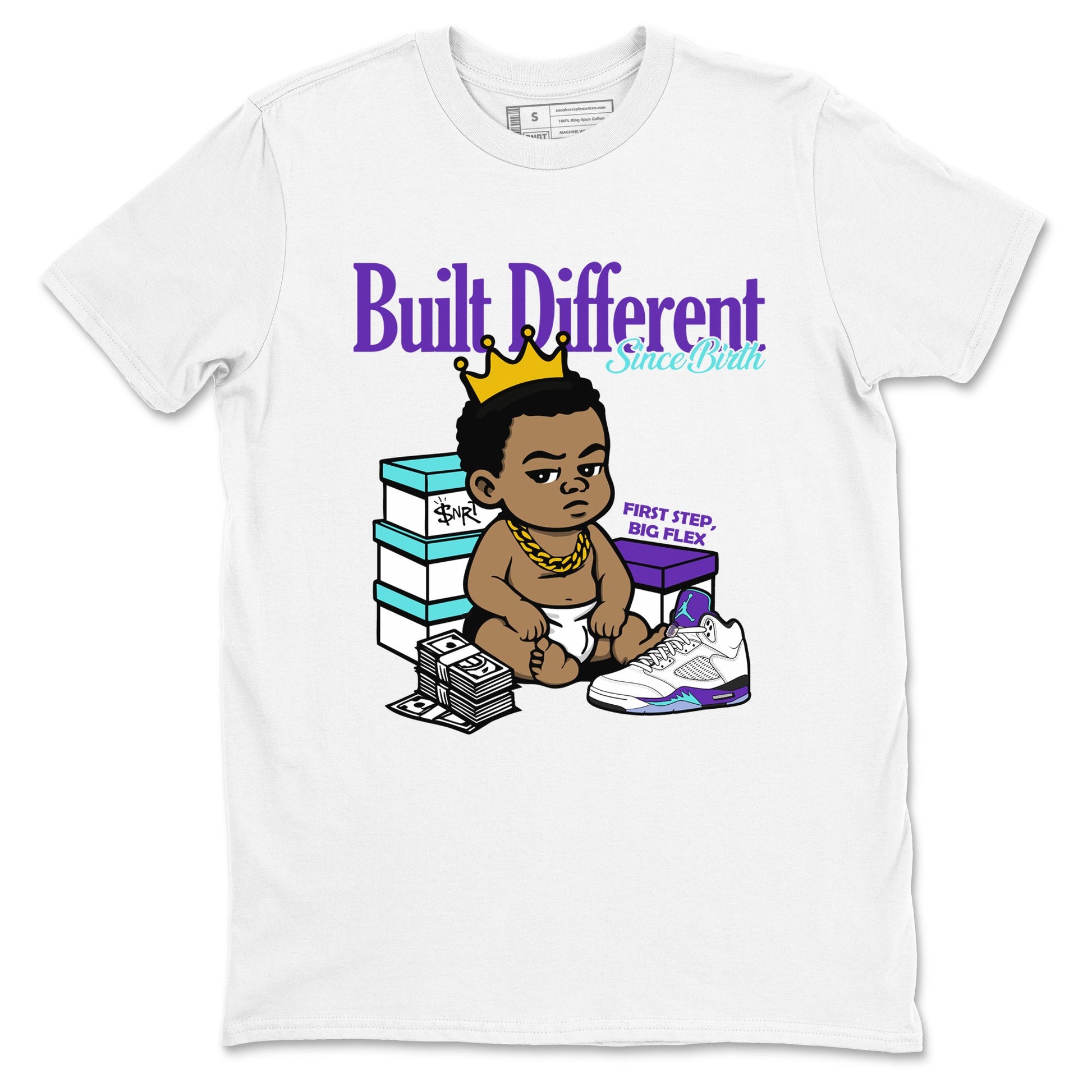 Built Different Since Birth sneaker match t-shirt styled to complete your fit with the Air Jordan 5 Grape sneakers, shown in White 2.
