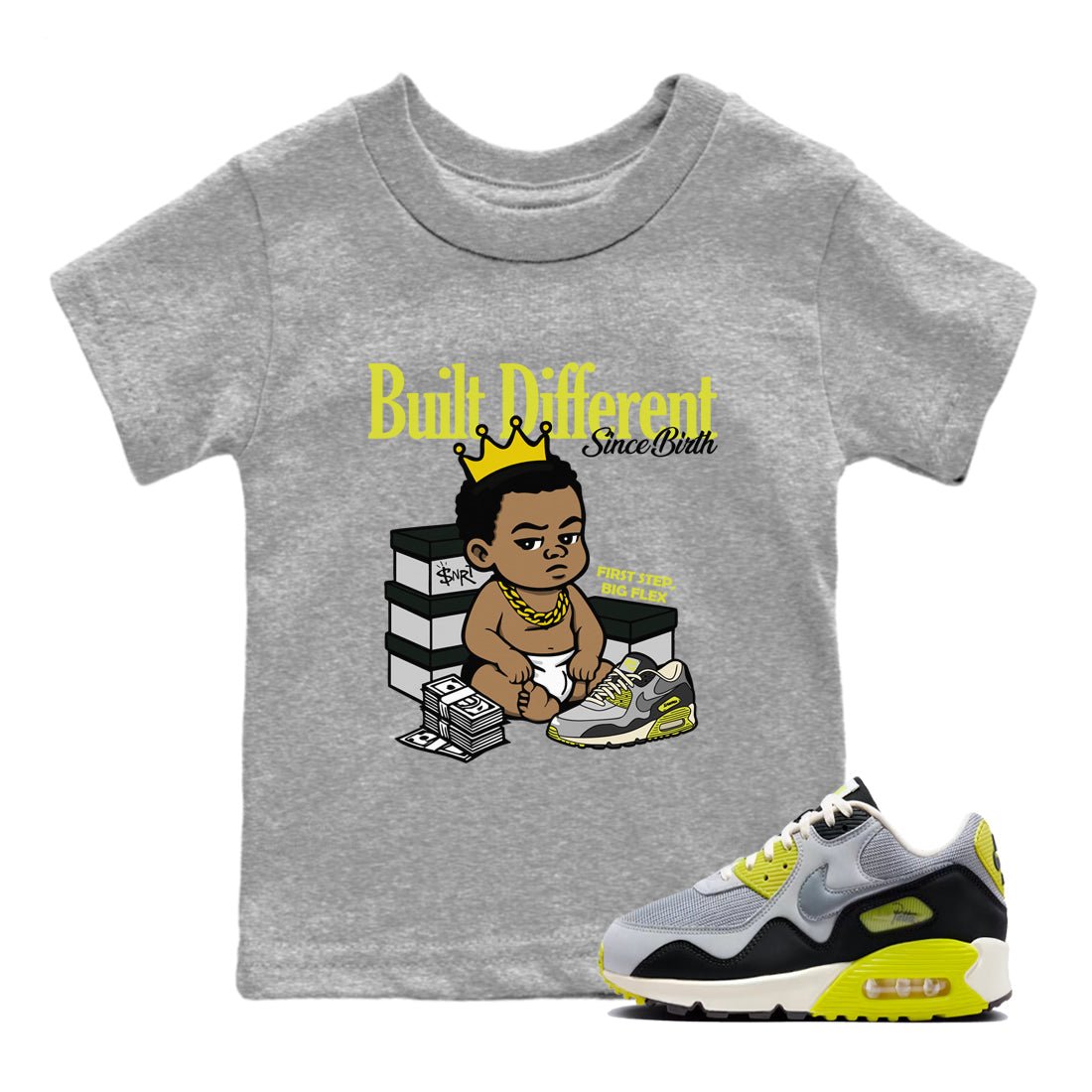 Built Different Since Birth baby and kids t-shirt crafted for little sneakerheads to shine with the Air Max 90 Cyber sneakers, displayed in Heather Grey 1.