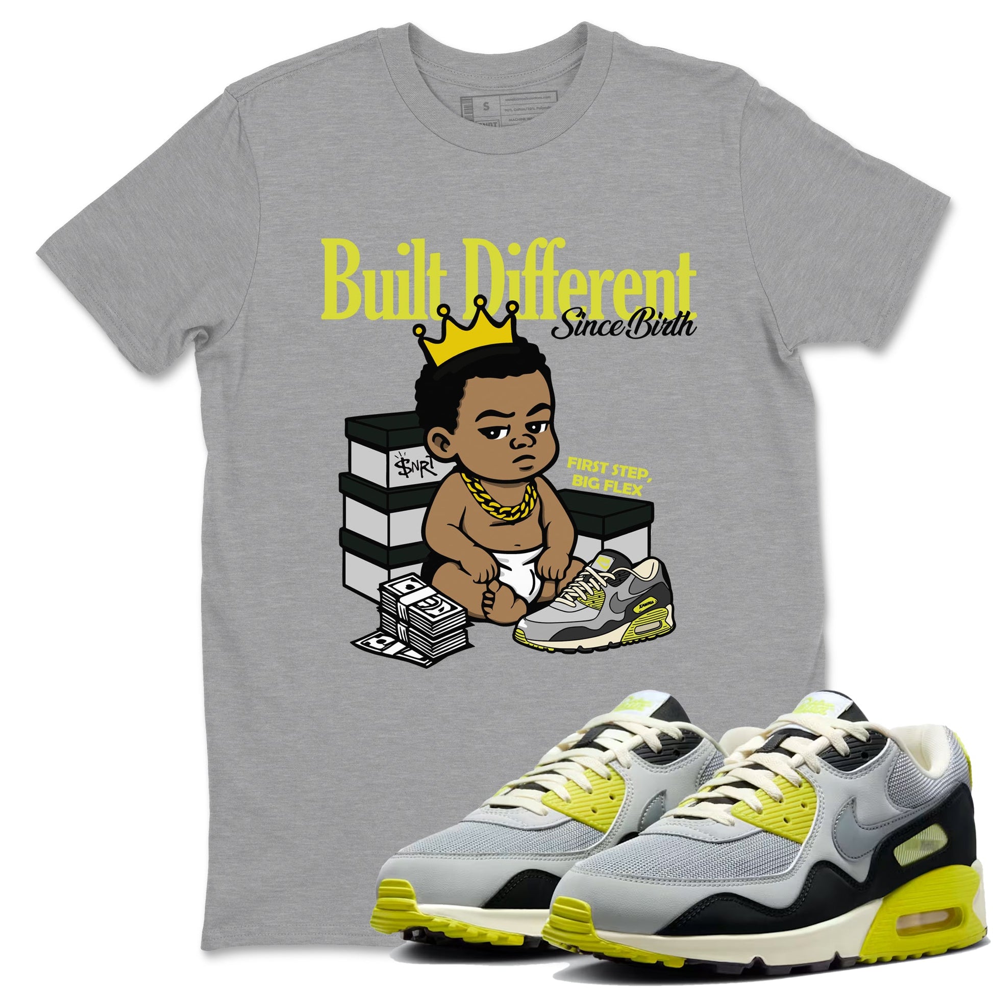 Built Different Since Birth sneaker match t-shirt styled to complete your fit with the Air Max 90 Cyber sneakers, shown in Heather Grey 1.