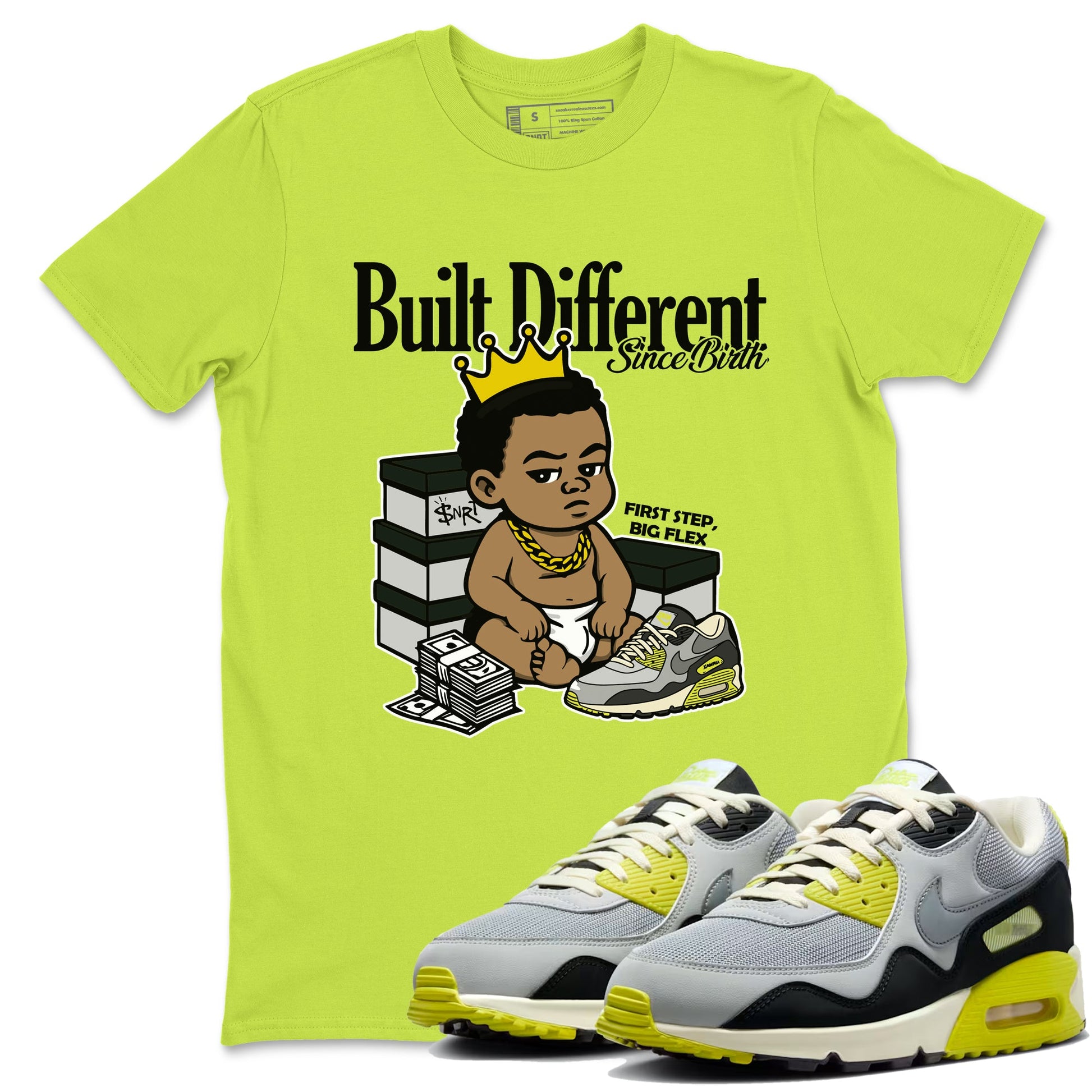 Built Different Since Birth sneaker match t-shirt styled to complete your fit with the Air Max 90 Cyber sneakers, shown in Safety Green 1.