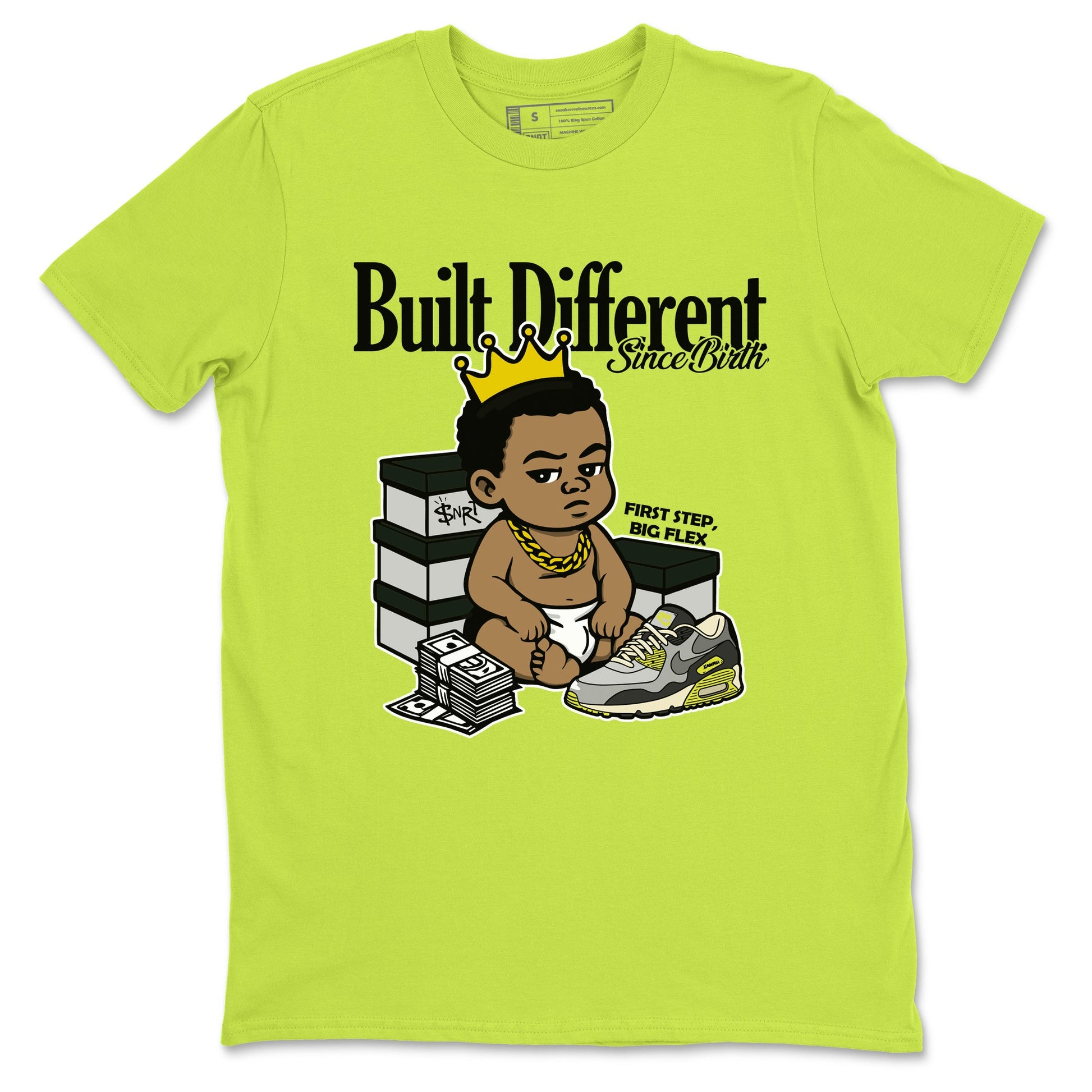Built Different Since Birth sneaker match t-shirt styled to complete your fit with the Air Max 90 Cyber sneakers, shown in Safety Green 2.