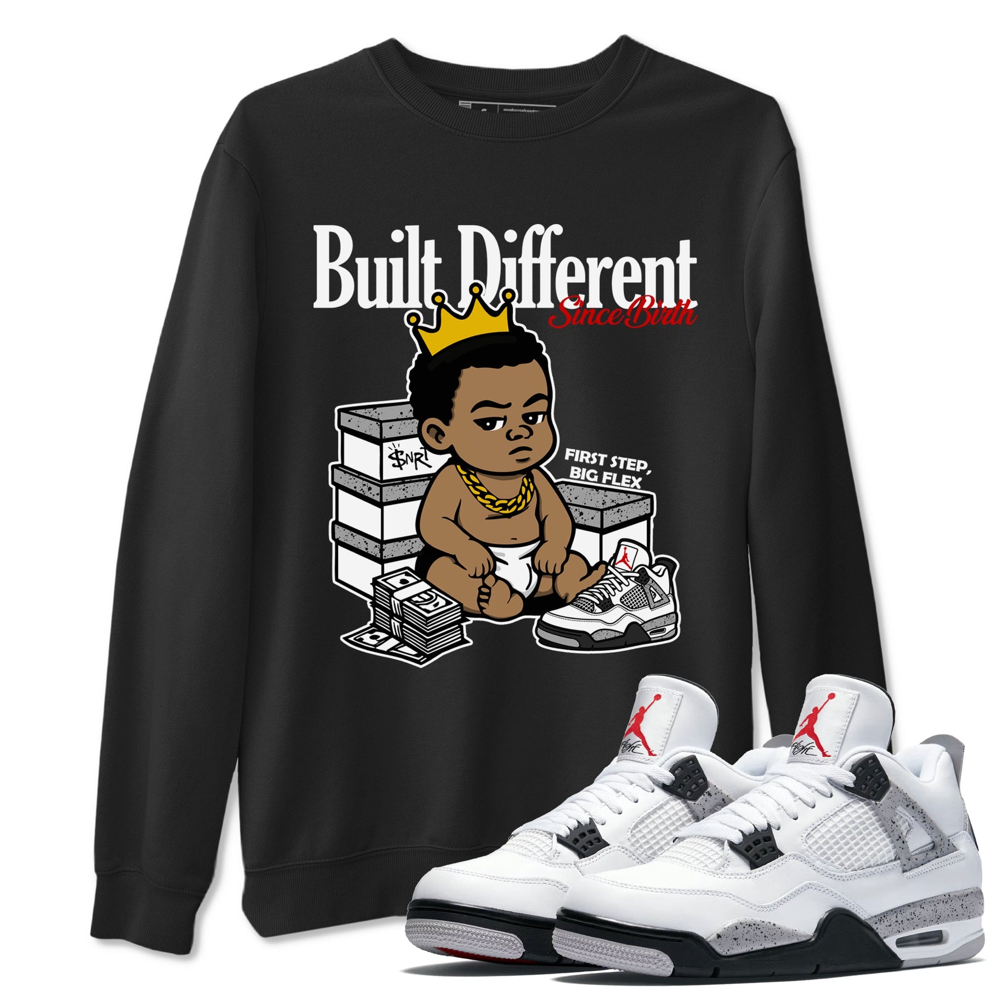 Bulit Different Since Birth sneaker match t-shirt styled to complete your fit with the Air Jordan 4 White Cement sneakers, shown in Black 1.