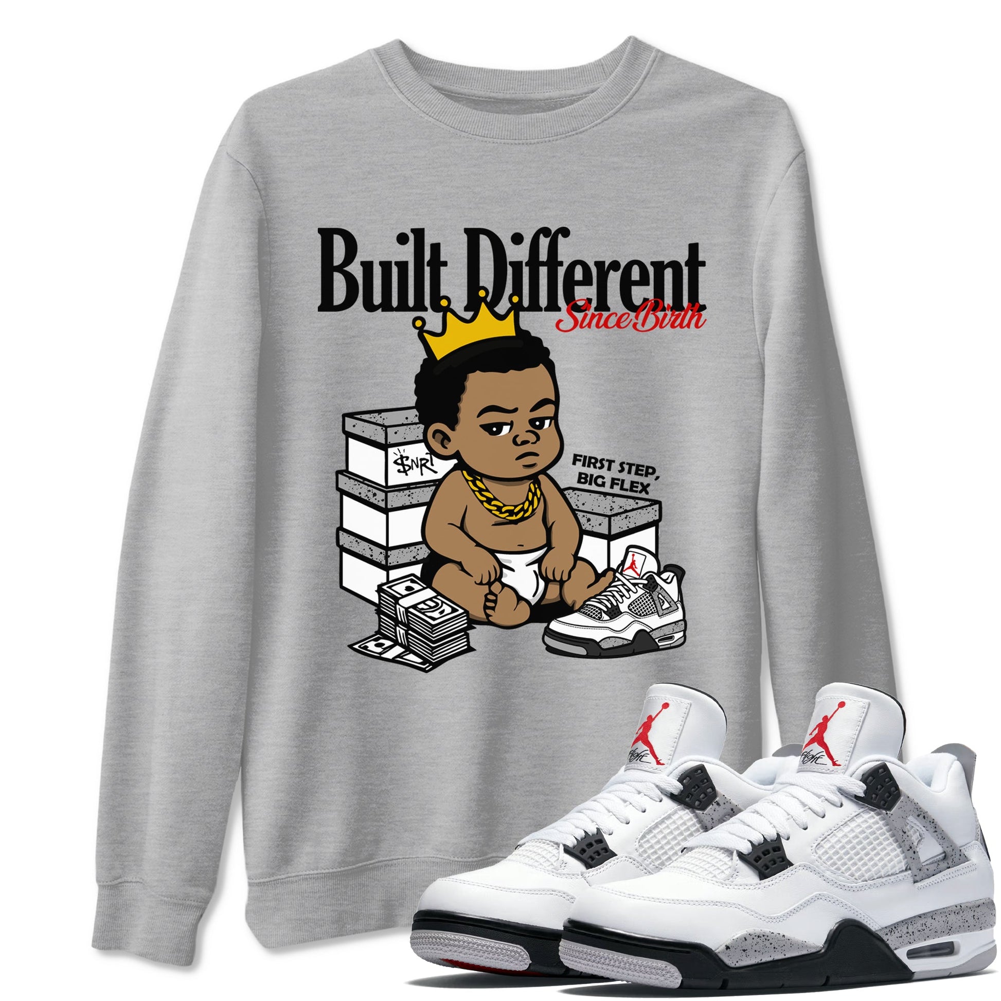 Bulit Different Since Birth sneaker match t-shirt styled to complete your fit with the Air Jordan 4 White Cement sneakers, shown in Heather Grey 1.