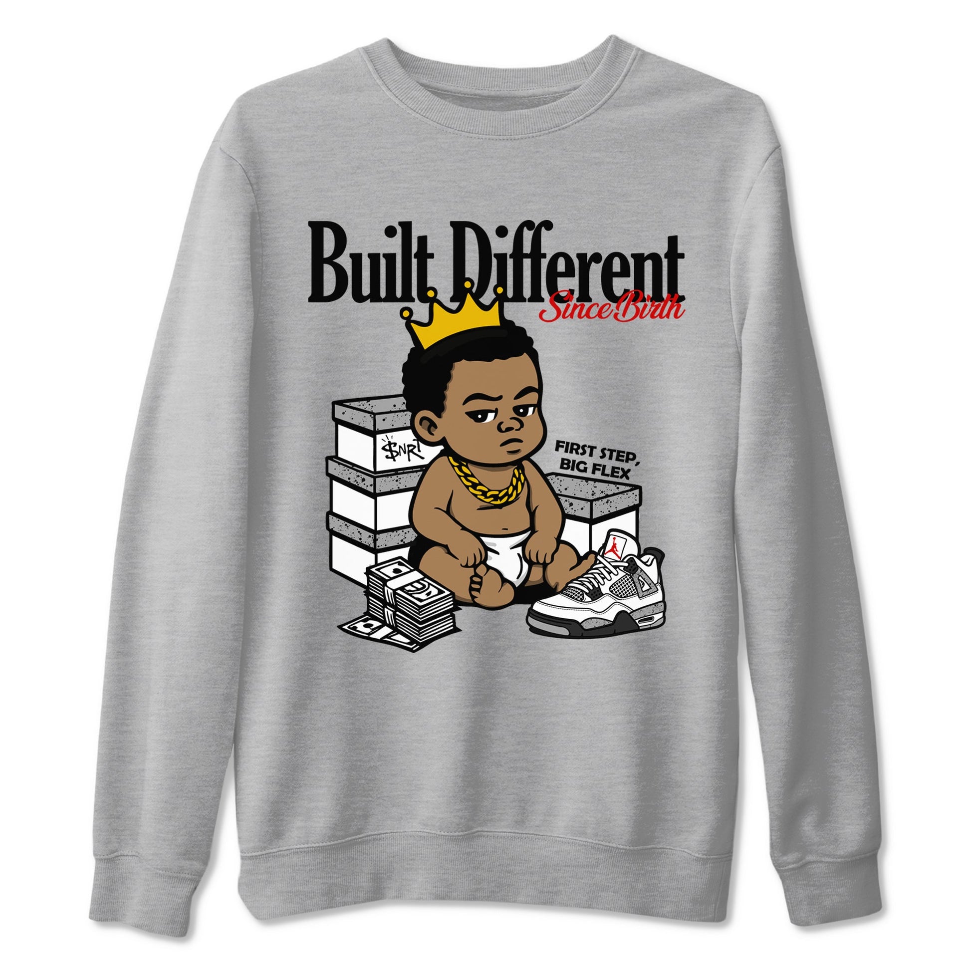 Bulit Different Since Birth sneaker match t-shirt styled to complete your fit with the Air Jordan 4 White Cement sneakers, shown in Heather Grey 2.