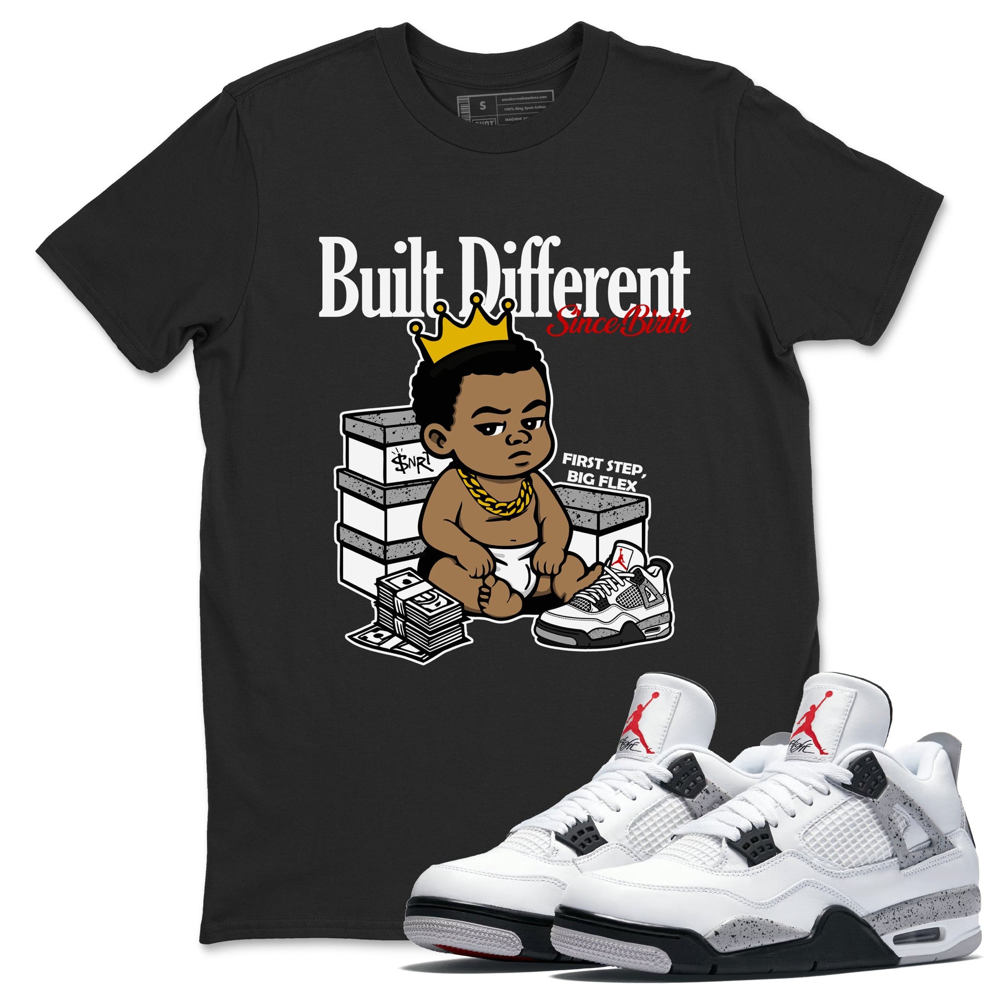 Bulit Different Since Birth sneaker match t-shirt styled to complete your fit with the Air Jordan 4 White Cement sneakers, shown in Black 1.