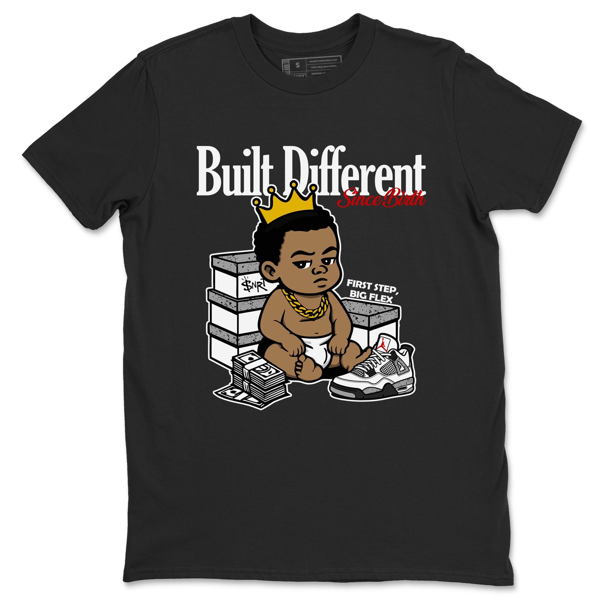 Bulit Different Since Birth sneaker match t-shirt styled to complete your fit with the Air Jordan 4 White Cement sneakers, shown in Black 2.