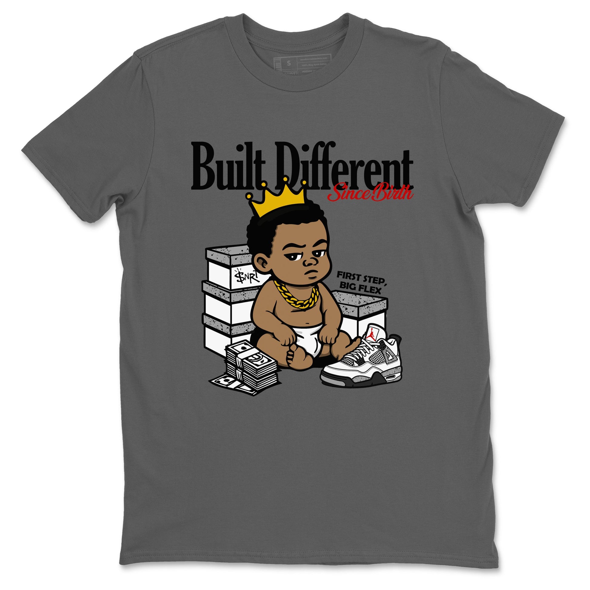 Bulit Different Since Birth sneaker match t-shirt styled to complete your fit with the Air Jordan 4 White Cement sneakers, shown in Cool Grey 2.